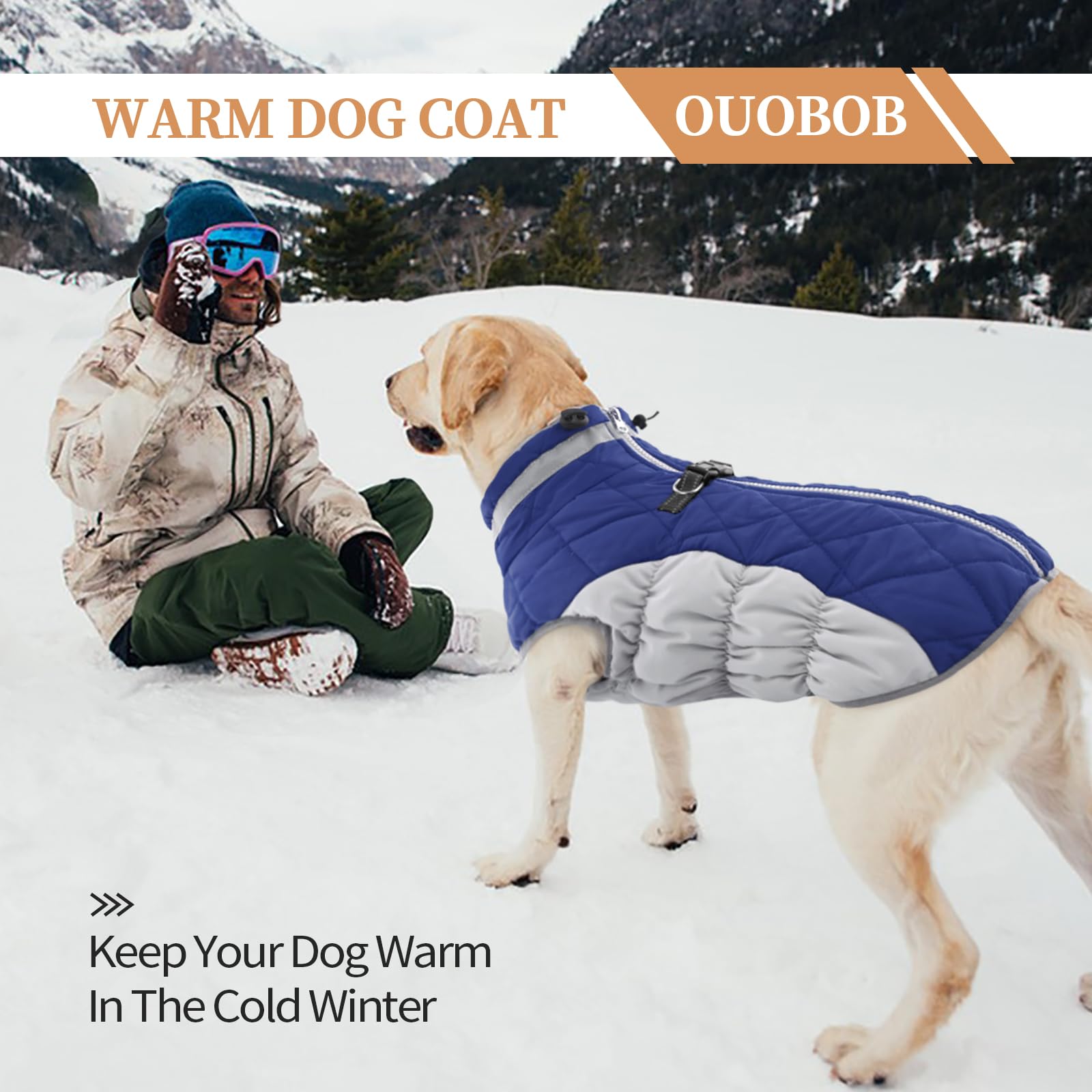OUOBOB Dog Winter Jacket, Waterproof & Windproof Fleece Coat, Large, Blue, Model C96-126MF, Cozy Cold Weather Apparel for Dogs
