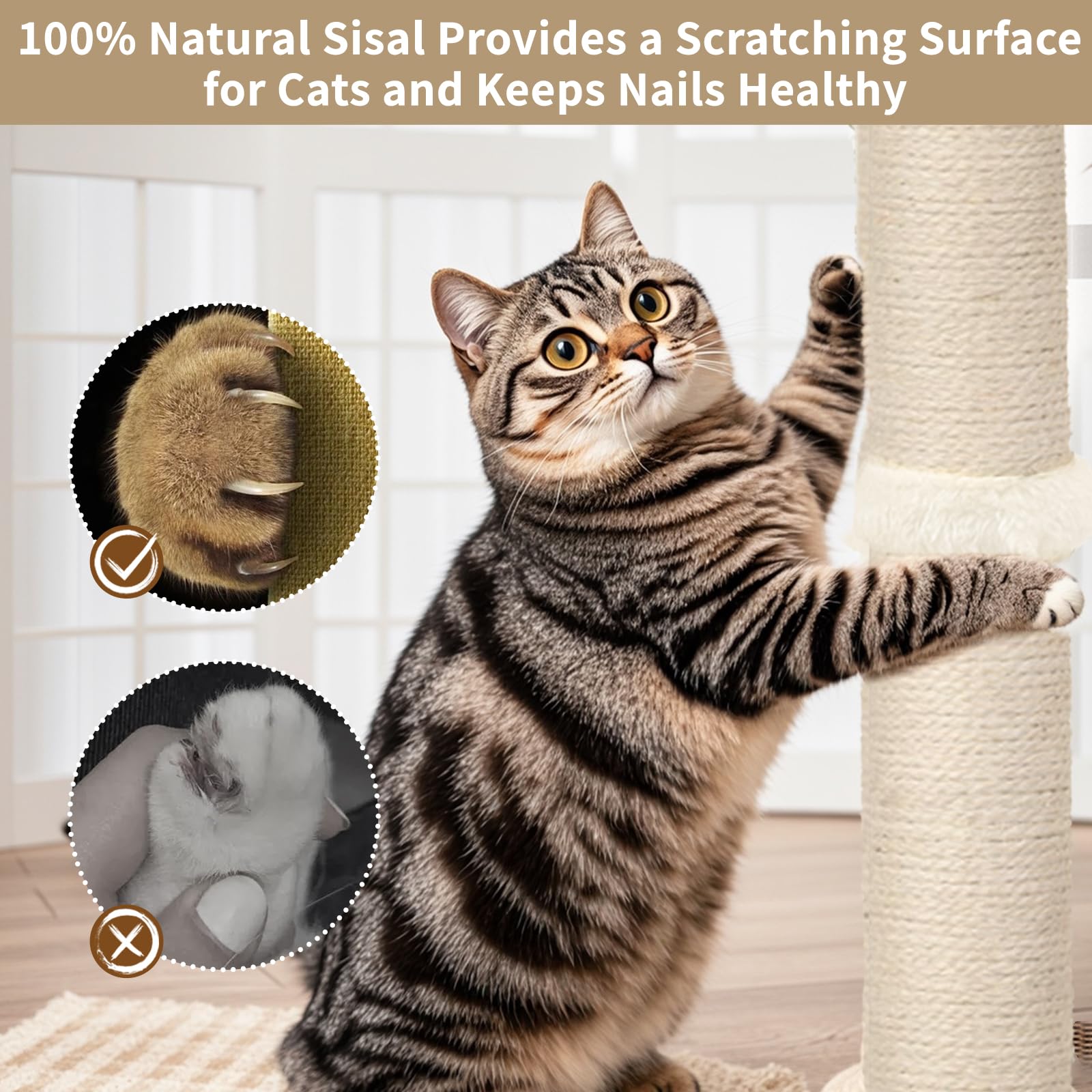 Tall Cat Scratching Post, Sisal, 33 Inches, Large Scratcher Tree Tower For Indoor Cats Adults With Hanging And Ball Track, 2 Mou