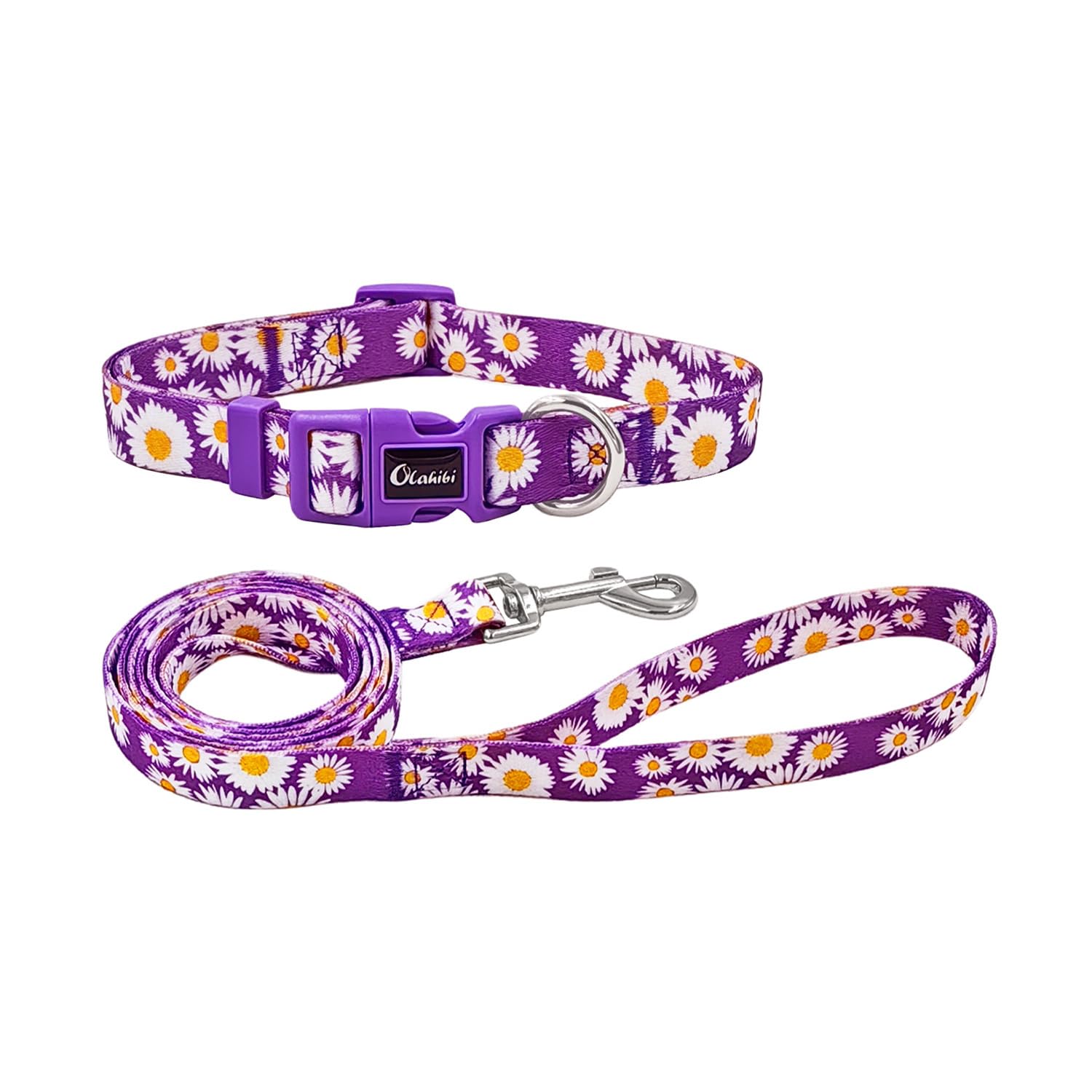 Olahibi Dog Collar And Leash Set, Cute Daisy Pattern, Polyester Material, 5Ft Leash, For Large Dogs.(Large,Purple Daisy)