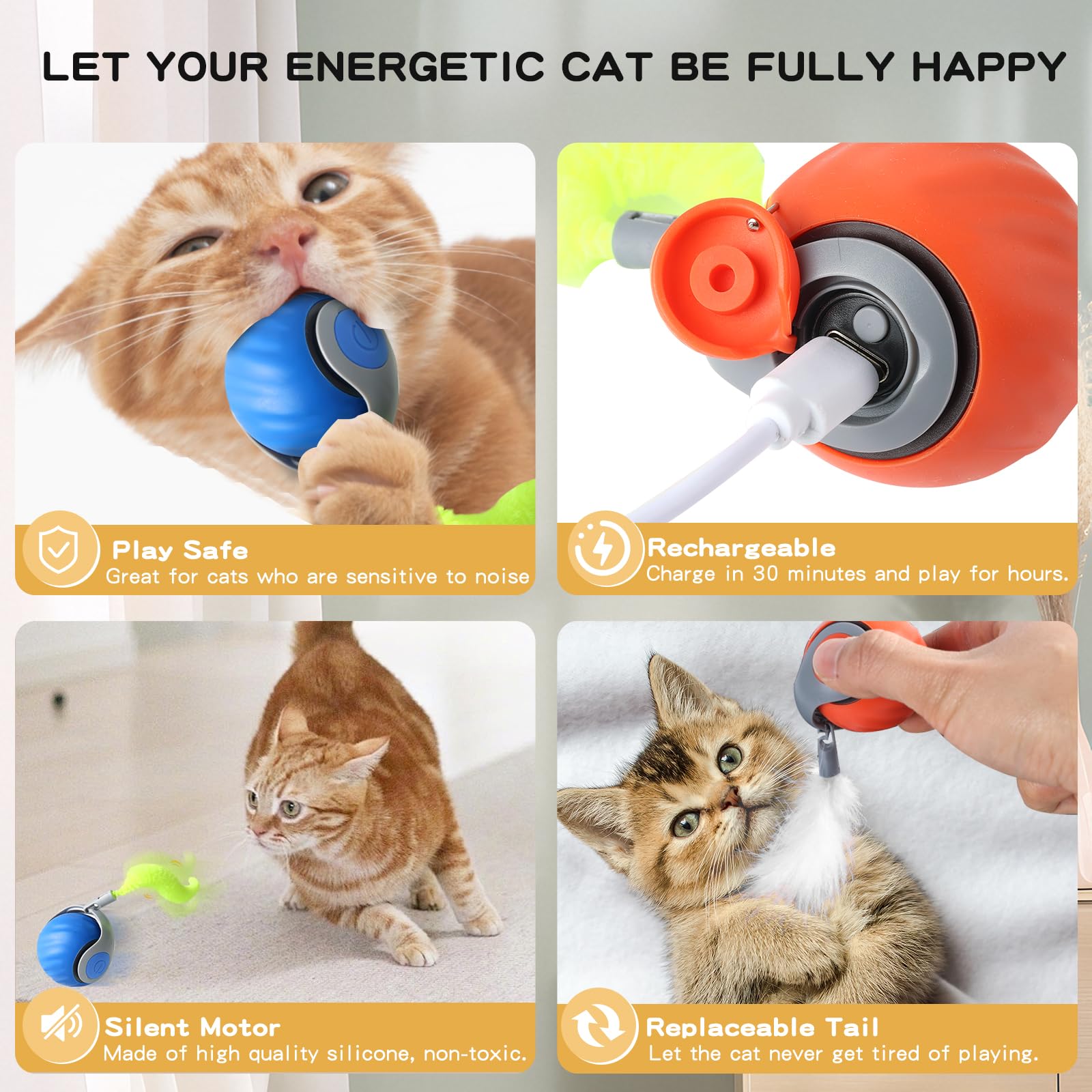2Pcs Speedy Tail 3.0 Cat Toy, Interactive Cat Toys For Bored Indoor Automatic Turbo Toys Rolling Ball 2.0, Smart Electric Self M