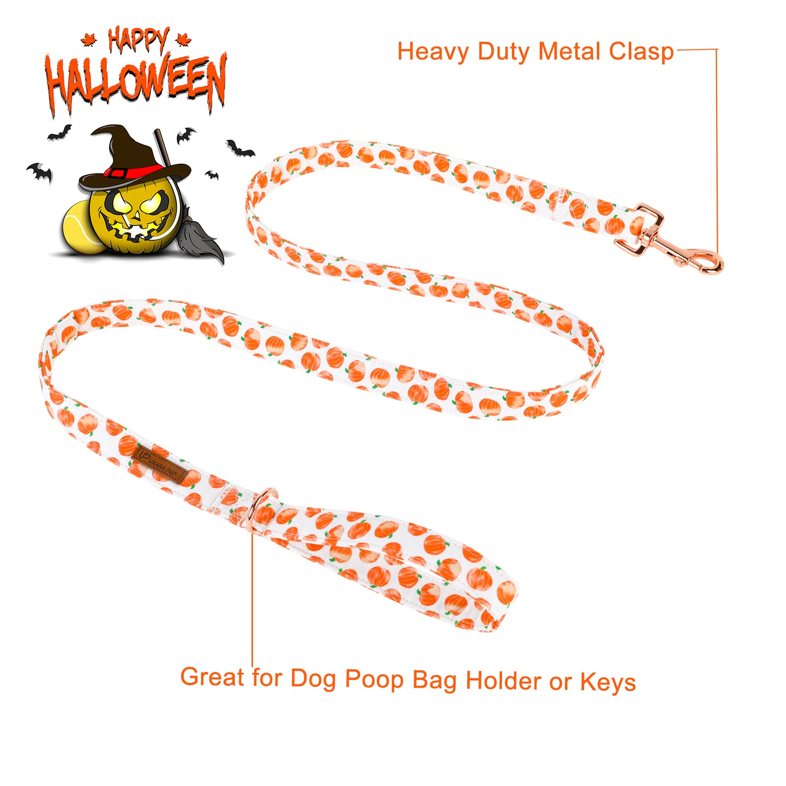 Up Urara Pup Dog Leash Match Dog Collar, Sturdy Durable Halloween Cotton Dog Leash, Pumpkin Dog Training Leash For Small Medium