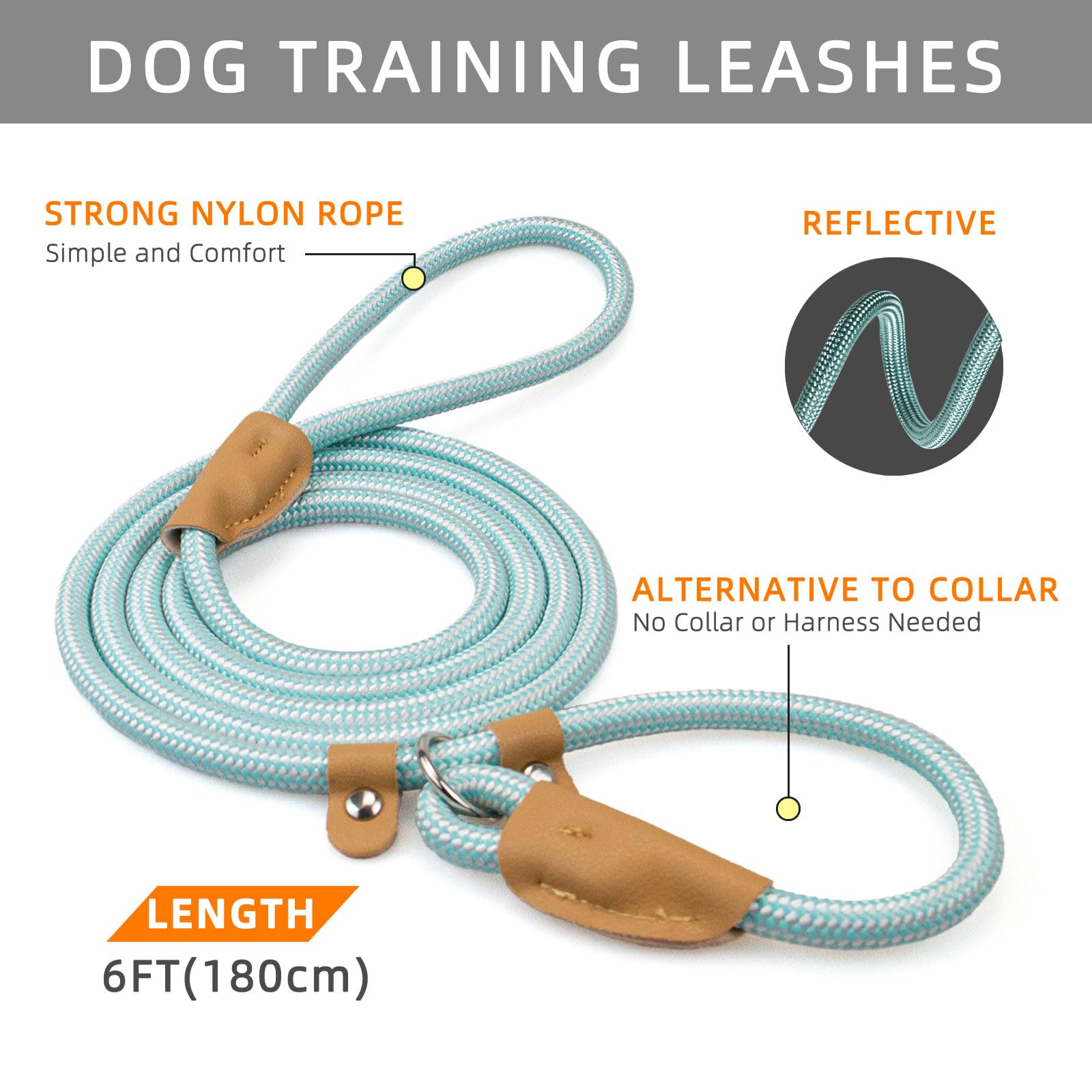 POUPUA 3/8 x 6 FT Durable Slip Leads for Dogs, Heavy Duty Strong Rope Slip Leash for Large, Medium Dogs No Pull Training Leashes