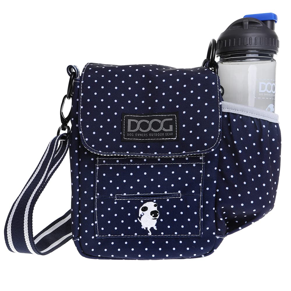DOOG | Walkie Bag | Adjustable Shoulder Bag with Poo Bag Compartment and Water Bottle Compartment | Navy with Polka Dots