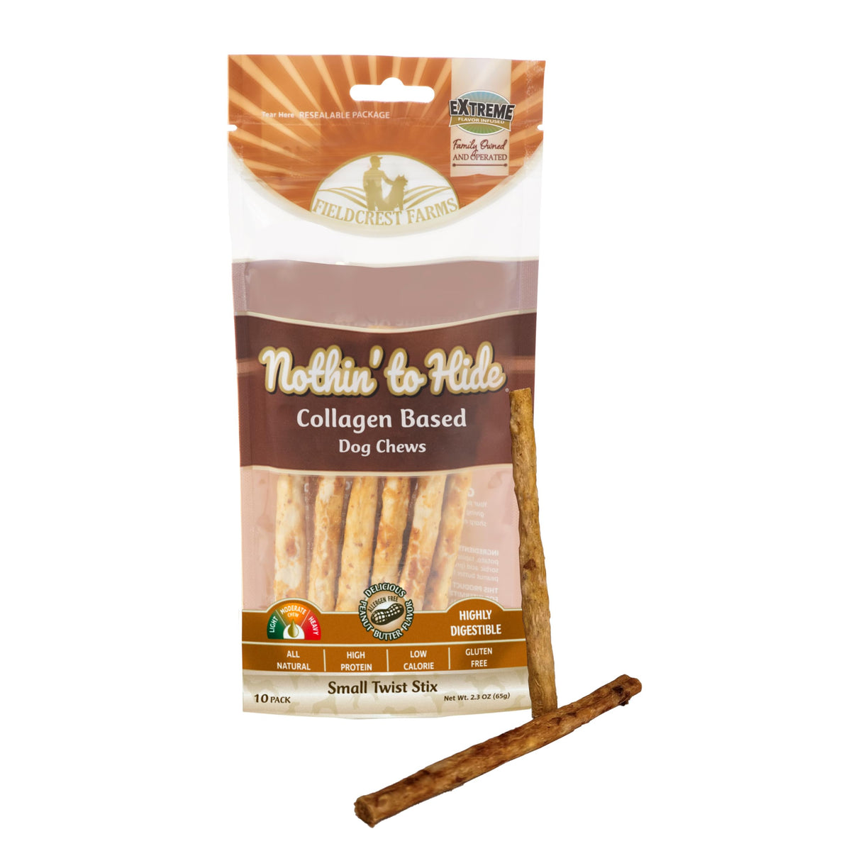 Fieldcrest Farms Nothin' To Hide Twist Stix Dog Chews - Natural Rawhide Alternative Treats For Dogs, Collagen Based Snack For Moderate Chewers Up To 15Lbs, Allergen-Free Peanut Butter Flavor, 10 Pcs