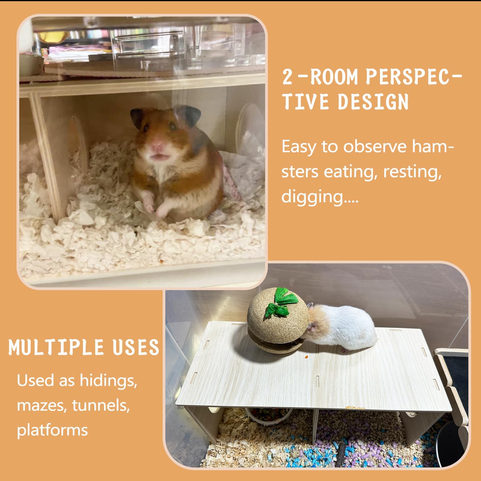 Hamiledyi Wooden Hamsters 2-Chamber Hideout-Tunnel Multi Chamber Exploring Toy Hamster Exploring Tunnel Toy for Hamsters Mice Gu