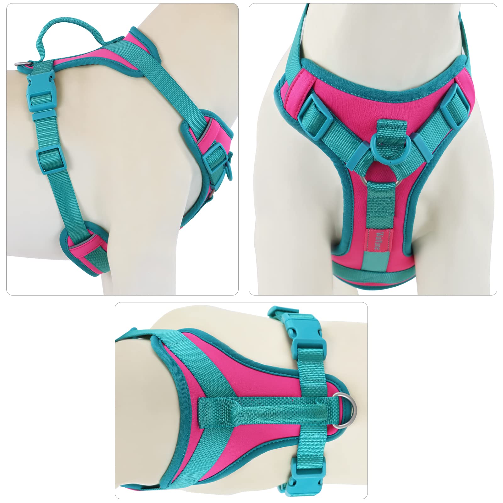 Wolfone No Pull Dog Harness - Adjustable Soft Padded Vest, Control Handle, Size S, Pink Peacock, Nylon