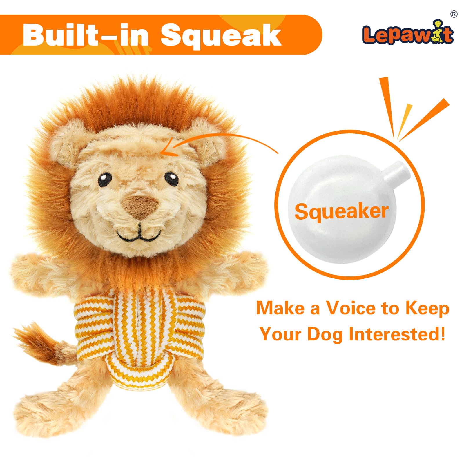Lepawit Squeaky Dog Toys, Cute Lionet With Rope For Teething, Durable Dog Chew Toys For Small And Medium Dogs