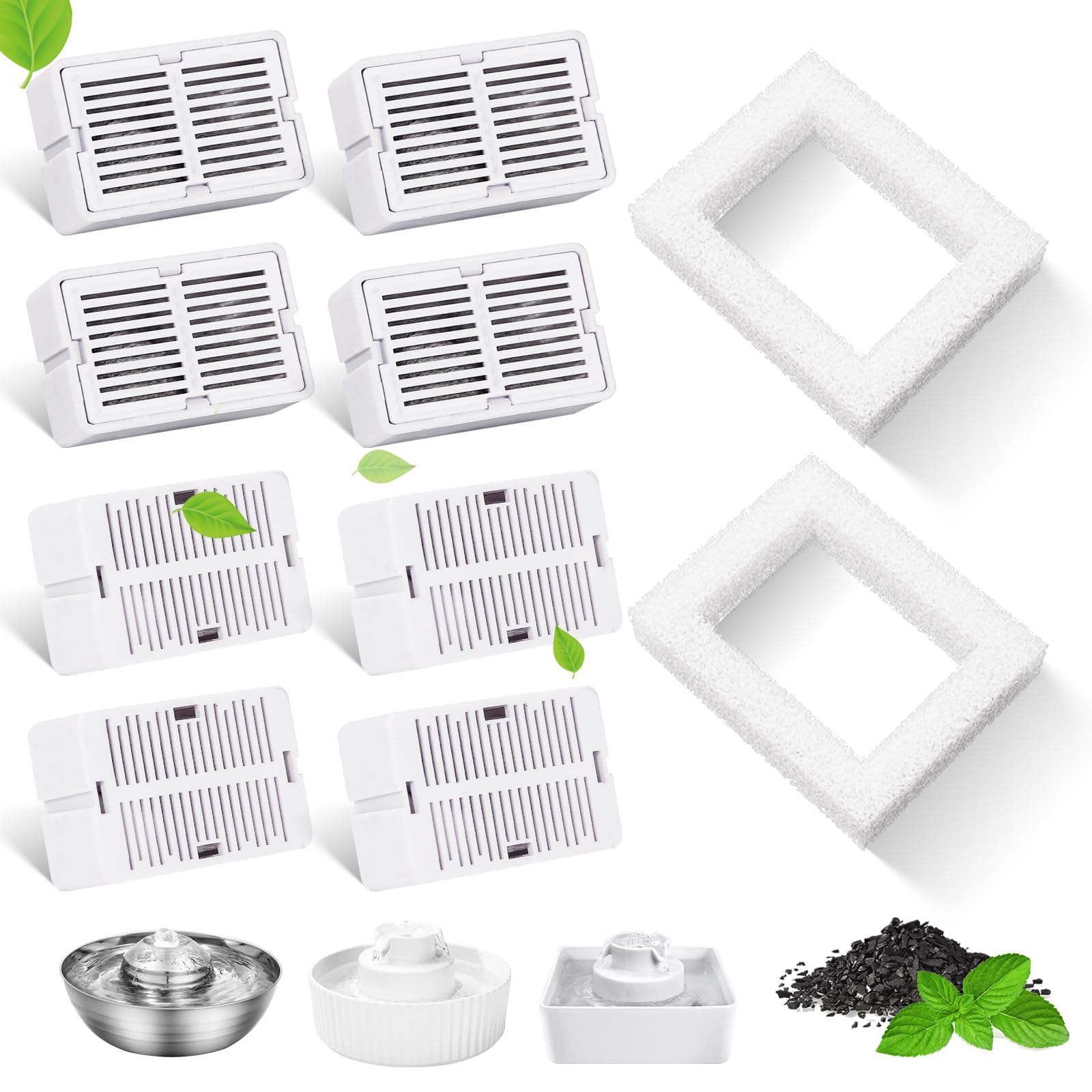 8 Packs Cat Water Fountain Filter For 2.1L/71Oz Ceramic Cat Water Dispenser, 8 Carbon Filters & 2 Foam Filters For Porcelain Pet
