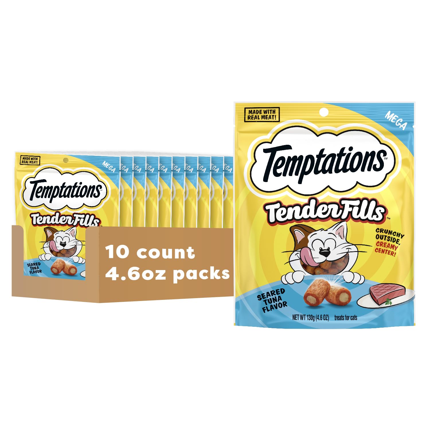 Temptations Tender Fills Crunchy and Soft Adult Cat Treats, Seared Tuna Flavor, 4.6 oz. Pouch (Pack of 10)