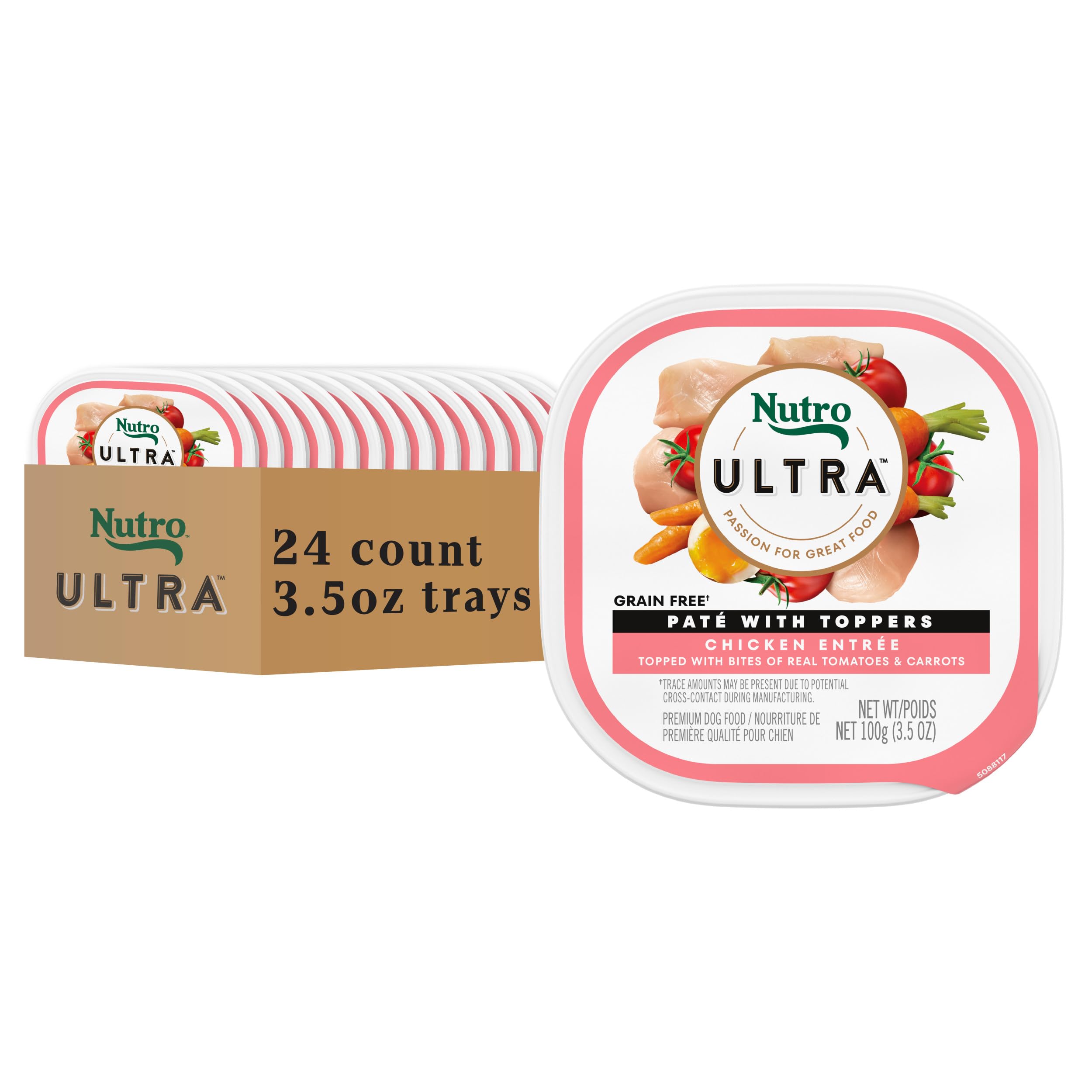Nutro Ultra Wet Dog Food, Pate with Toppers Chicken Entree, 3.5 oz. Trays (24 Count, Pack of 1)