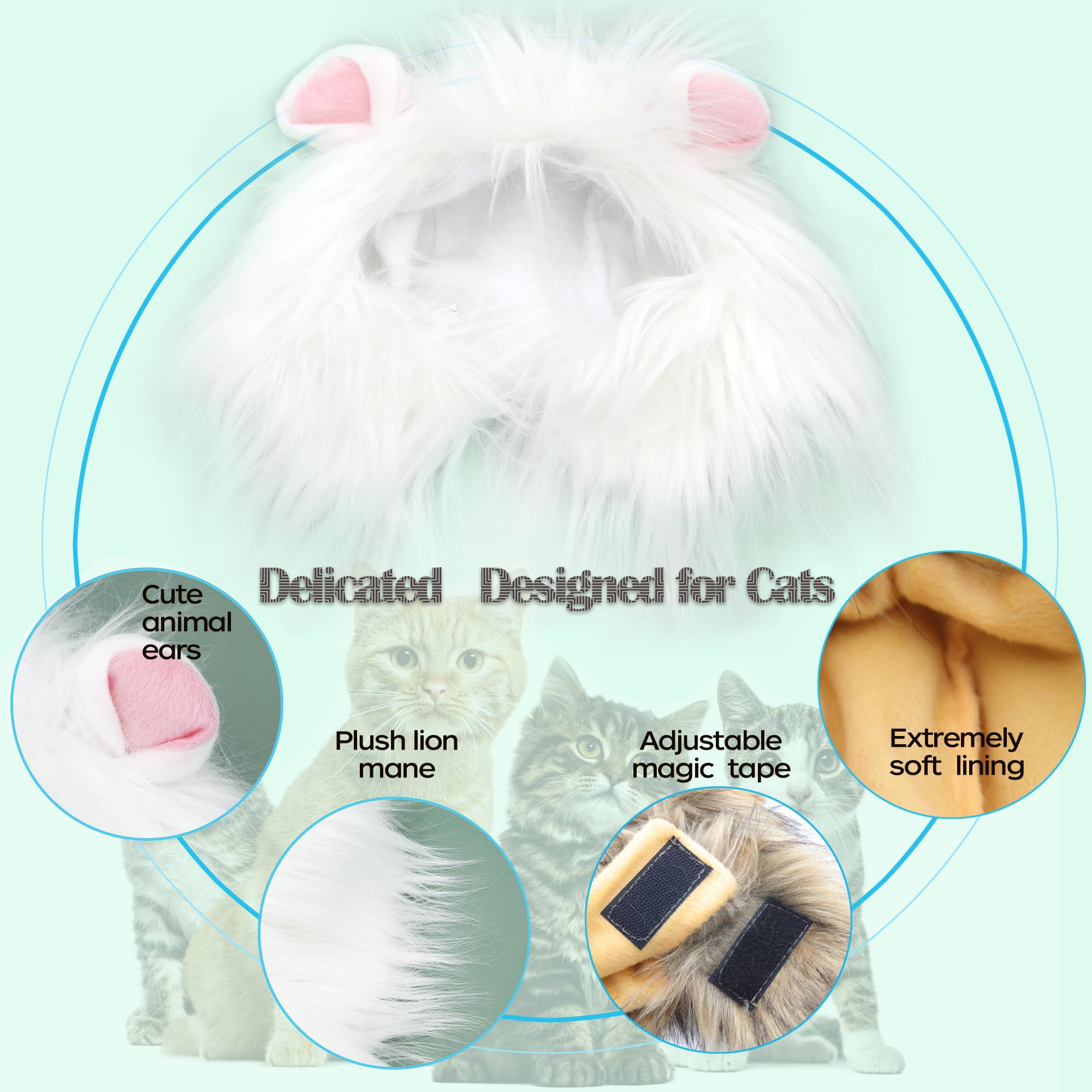 Rosylife Lion Mane Wig For Cat Costume Pet Adjustable Washable Comfortable Fancy Lion Hair Cat Clothes Dress For Halloween Christmas Easter Festival Party Activity (Large, White)