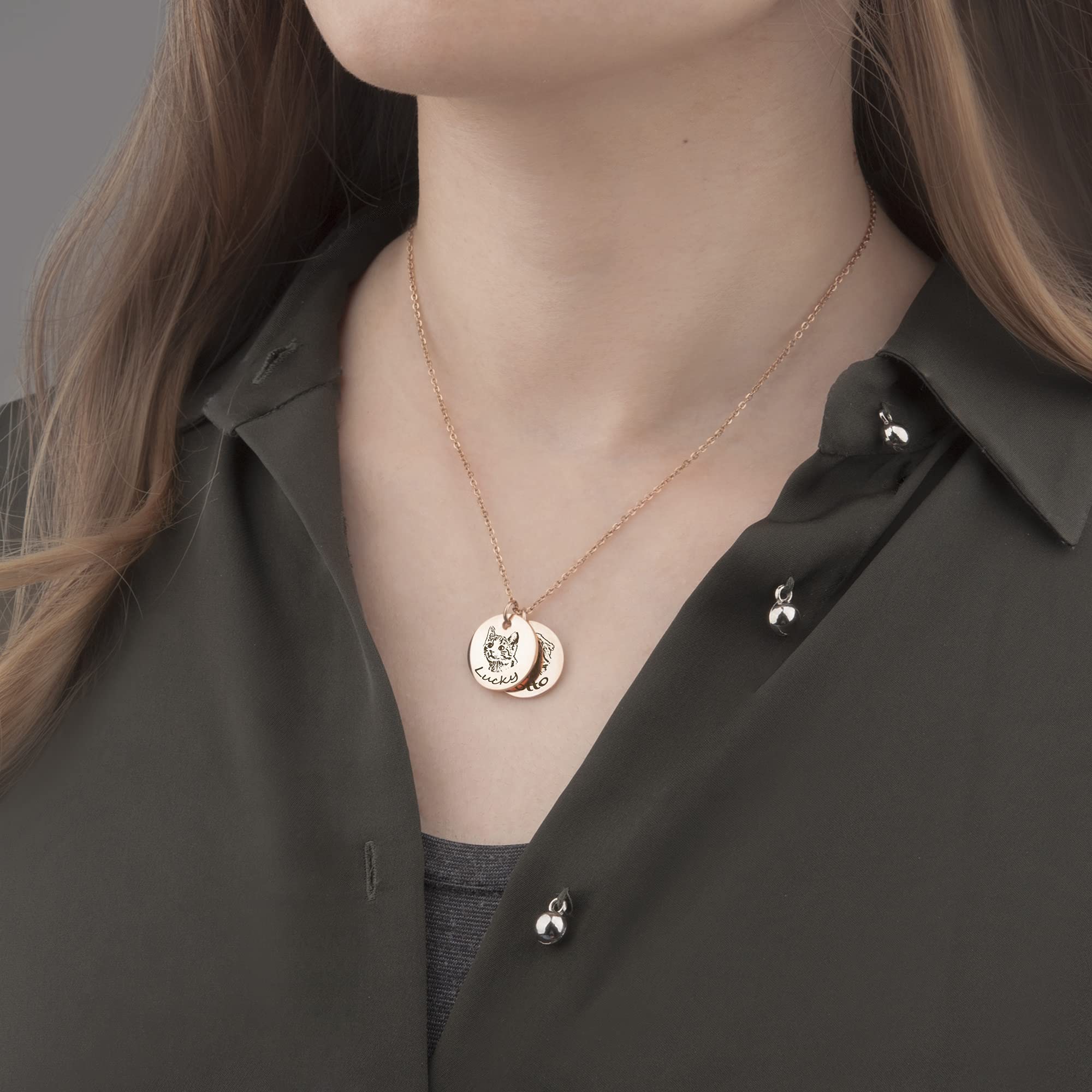 Anavia Personalized Pet Portrait Necklace, Handmade Pet Dog Cat Memorial Jewelry Gift, Customized Round Disc Photo Engraved Neck