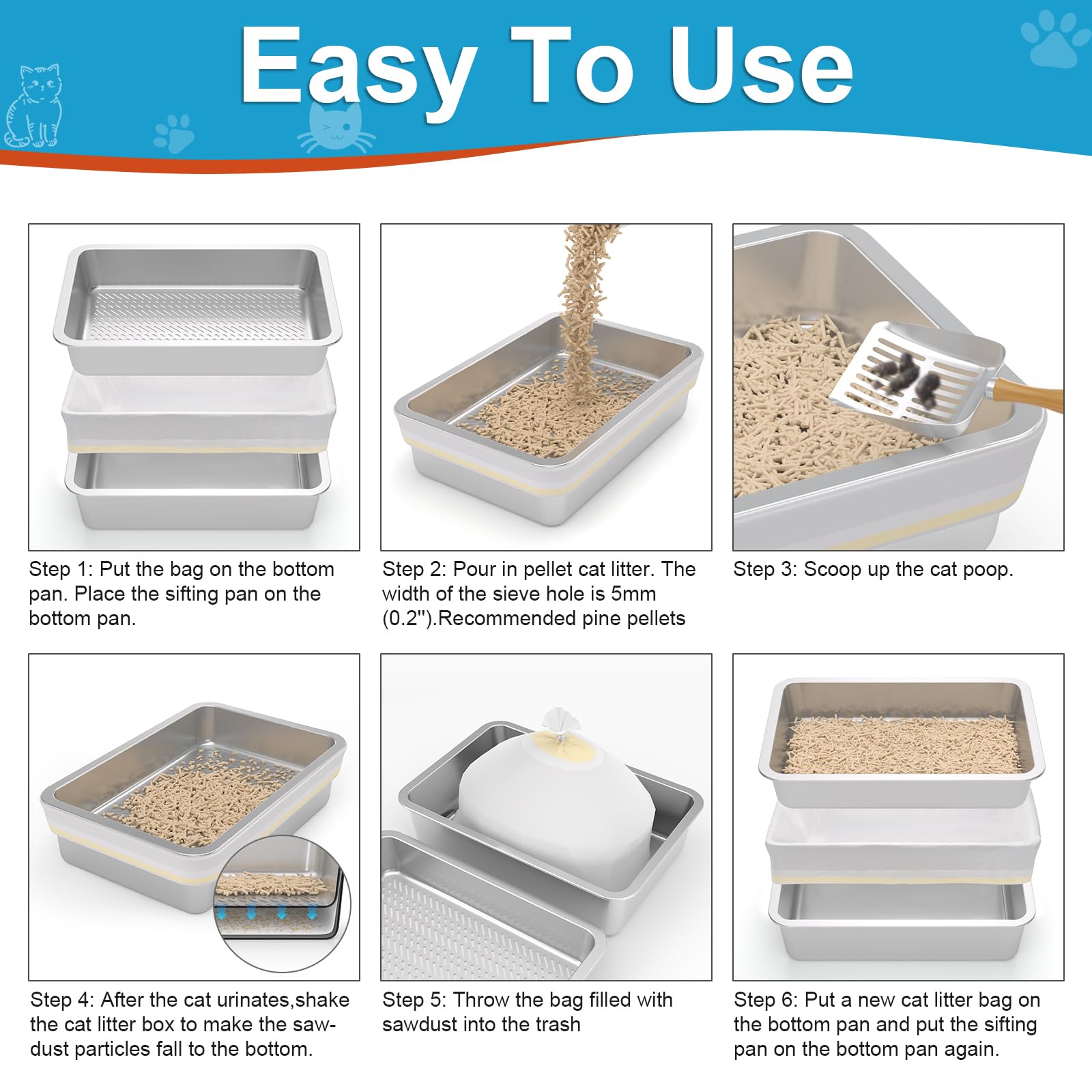 XL Stainless Steel Sifting Litter Box for Big Cats,Metal Sifting Cat Litter Box for Wood Pine Pellets,Extra Large Sifter Litter