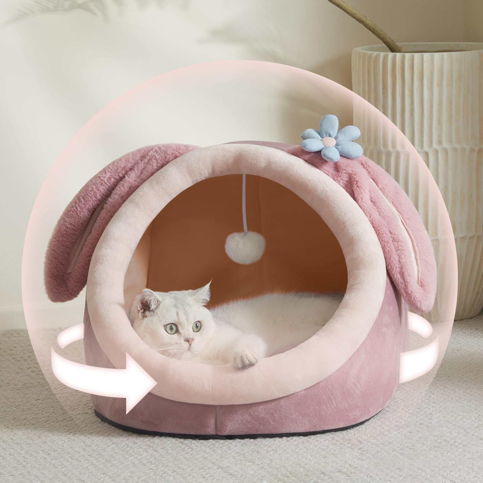 Jiupety Cute Cat Bed For Indoor Cats, Warm Soft Cave Fit For Many Cats And Puppy, Pink Rabbit, L