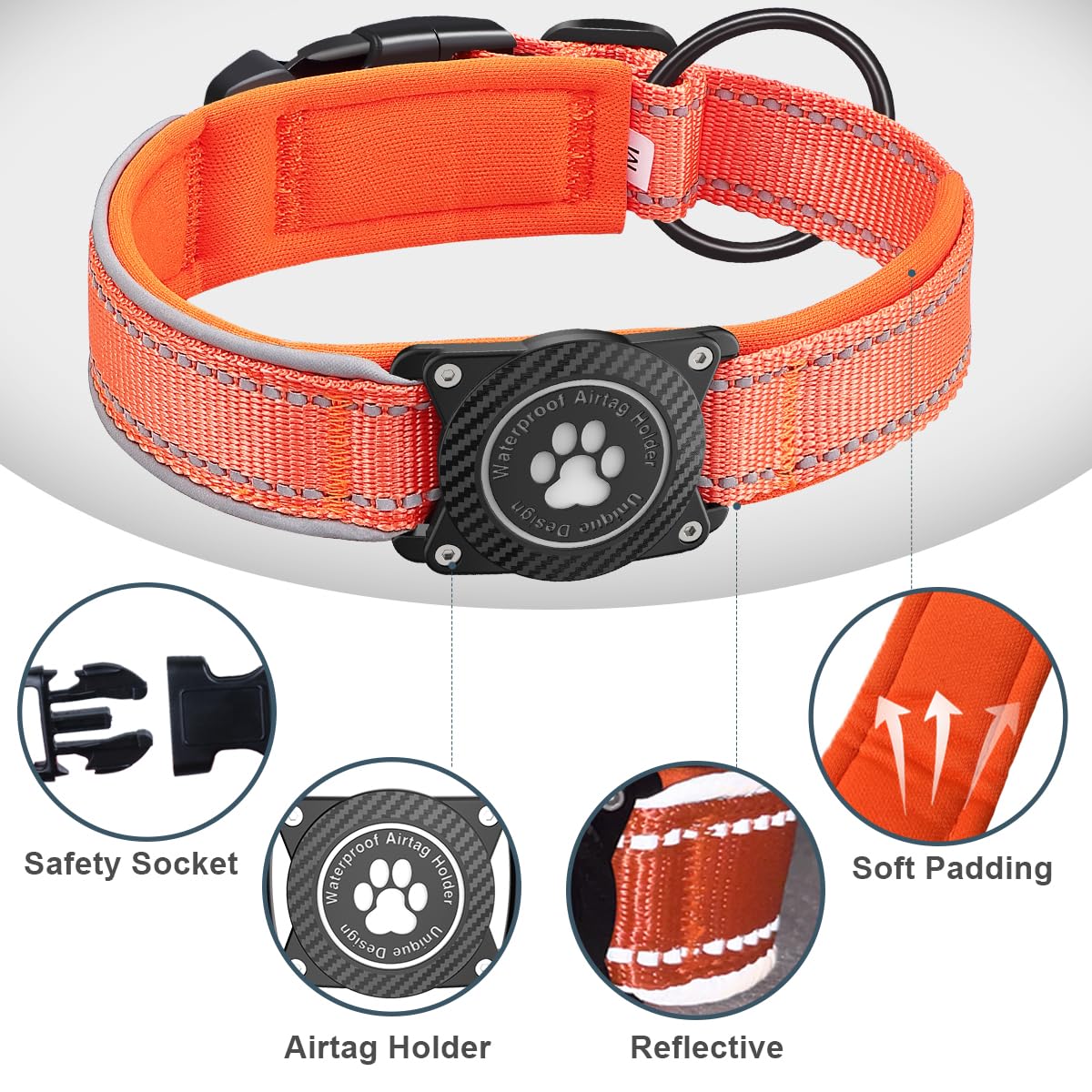 Okvsko Airtag Dog Collar With Waterproof Air Tag Holder, Luminous Reflective, Soft Padded, Adjustable Nylon Pet Collar For Small