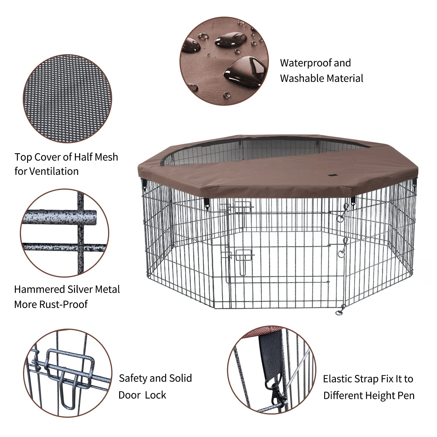 Nezuc Foldable Metal Dog Exercise Playpen Gate Fence Dog Crate 8 Panels 24 Inch Height Puppy Kennels With Top Cover For Animals