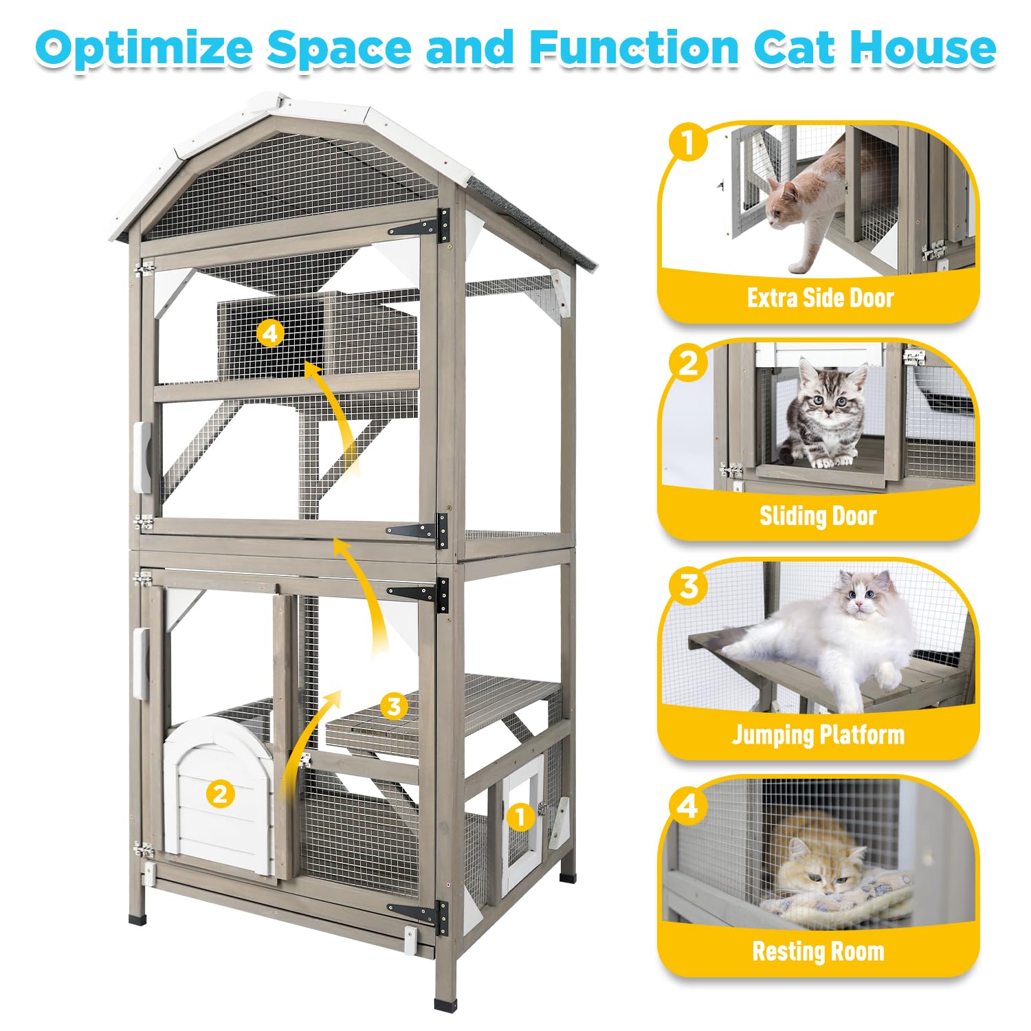 Gowoodhut 71'' Large Cat House Outdoor Catio Enclosures Indoor Kitten Cages With Attachable Window Resting Box,Waterproof Roof