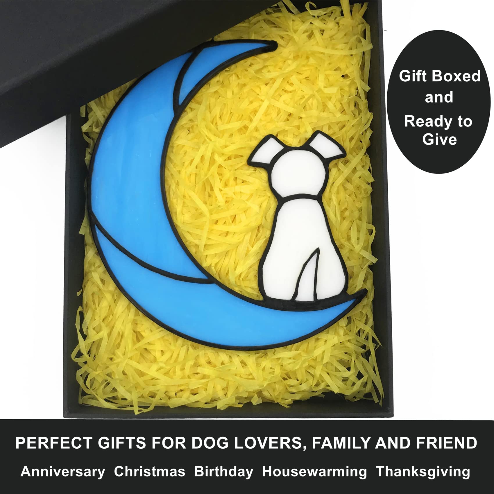 Lcensp Stained Glass Pet Dog Memorial Gifts For Dog Lovers, White Dog Decor On Blue Moon Window Hangings Suncatcher, Loss Of Dog