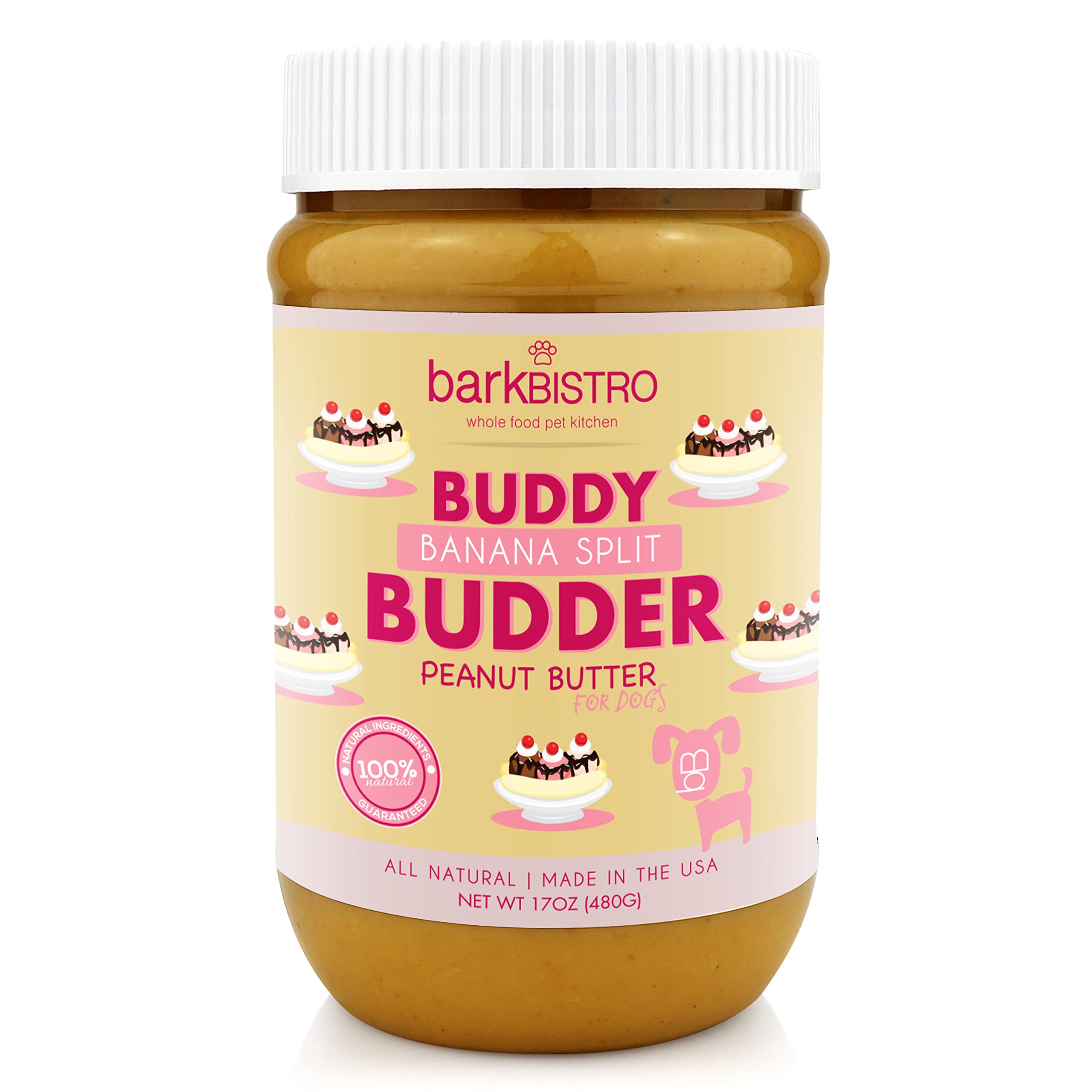 BUDDY BUDDER Banana Split, 100% Natural Dog Peanut Butter, Dog Treat, Made in USA (17oz)