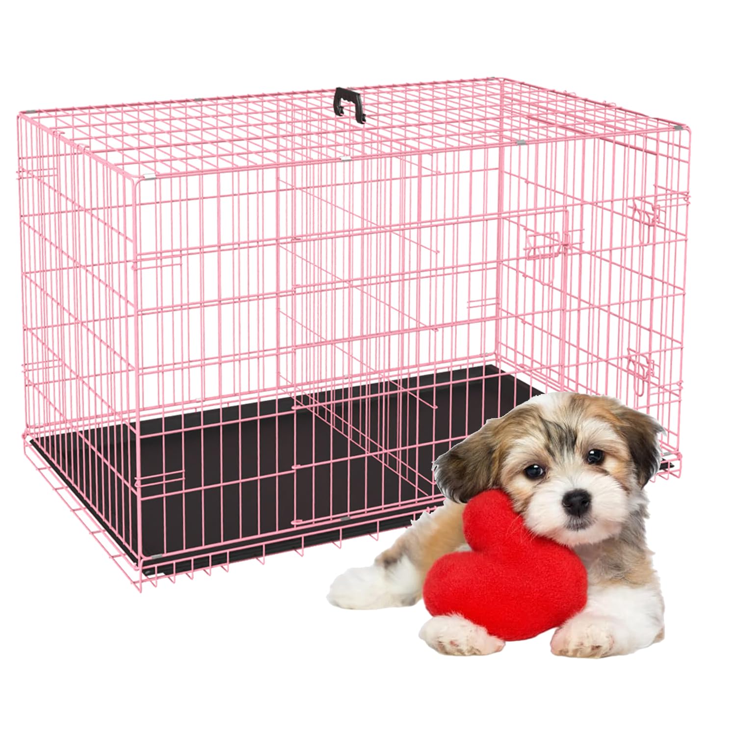 Home For Pets Dog Crate Cage Extra Folding Large Double Door Pet Crate,Includes Divider And Tray,(Pink,42)