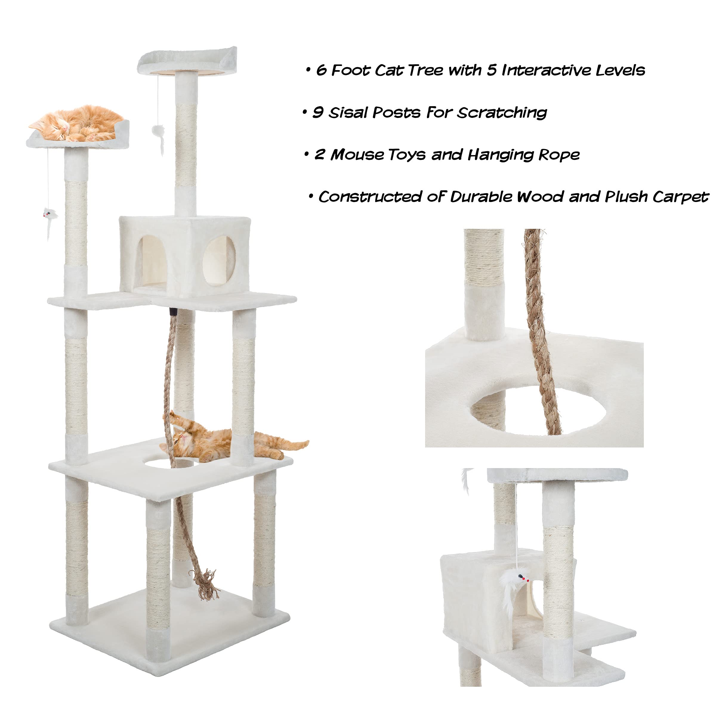 Cat Tree - 6-Foot Cat Tower For Indoor Cats With Napping Perches, Kitty Condo, 9 Cat Scratching Posts, 2 Hanging Toys, And Rope