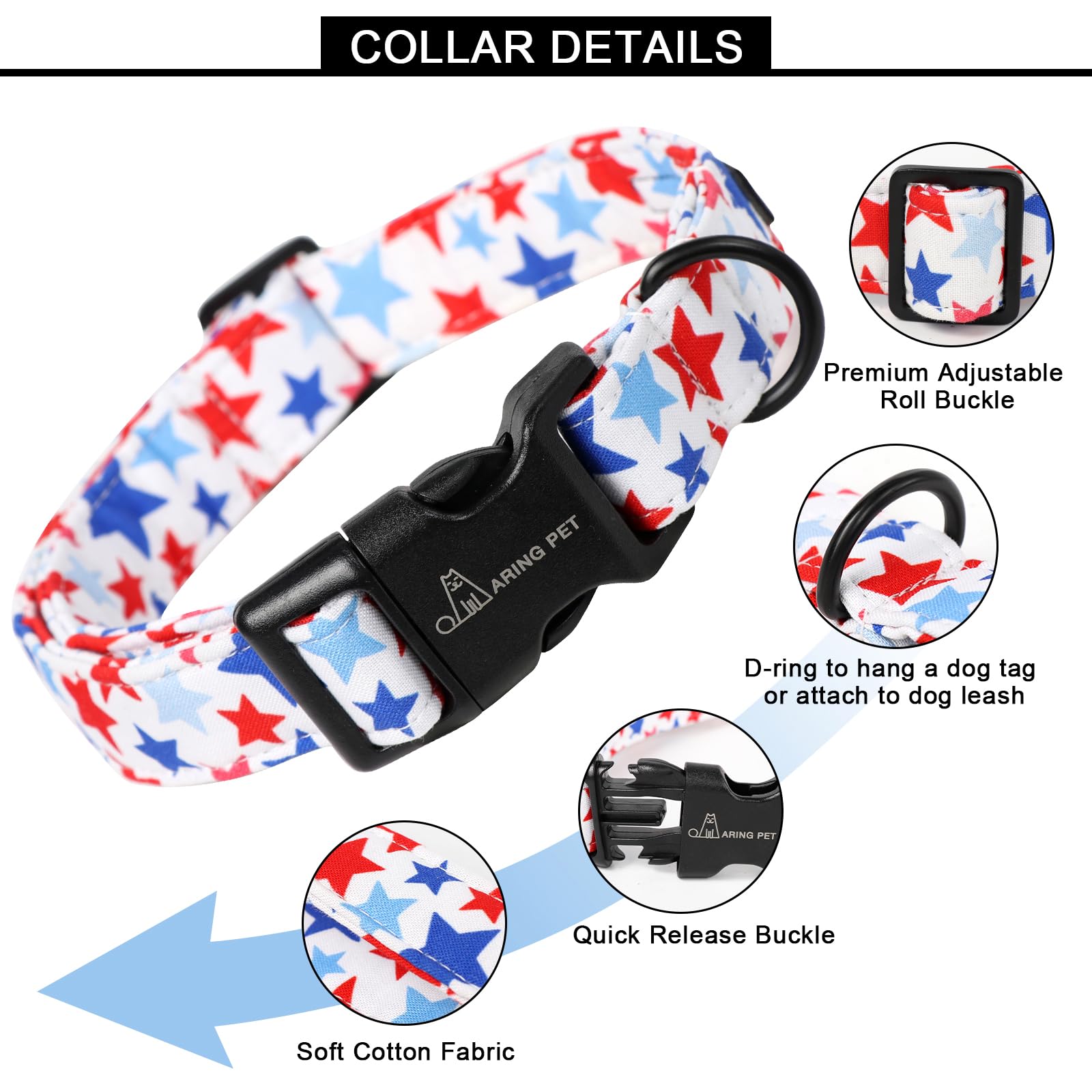 Aring Pet 4Th Of July Dog Collar-Cotton Patriotic Dog Collars, Adjustable American Puppy Collars With Quick Release Buckle