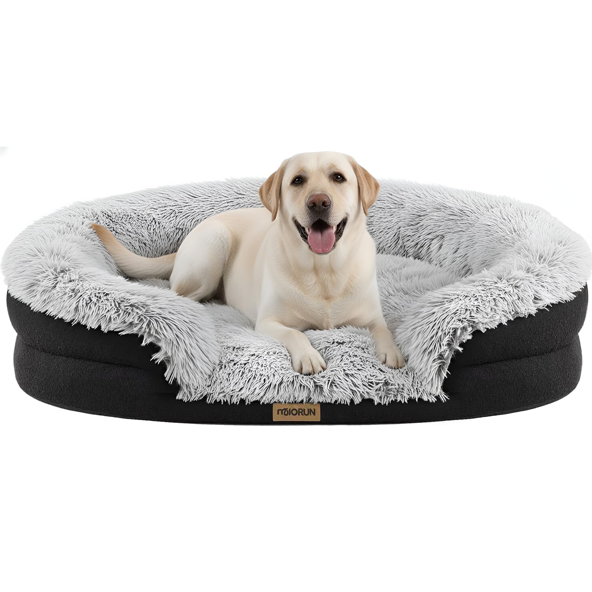 Miorun Fluffy Orthopedic Jumbo Dog Bed for Extra Large Dogs, Calming Plush Sofa Bed with Curved Bolster Support, 48 Cozy Oval Pe