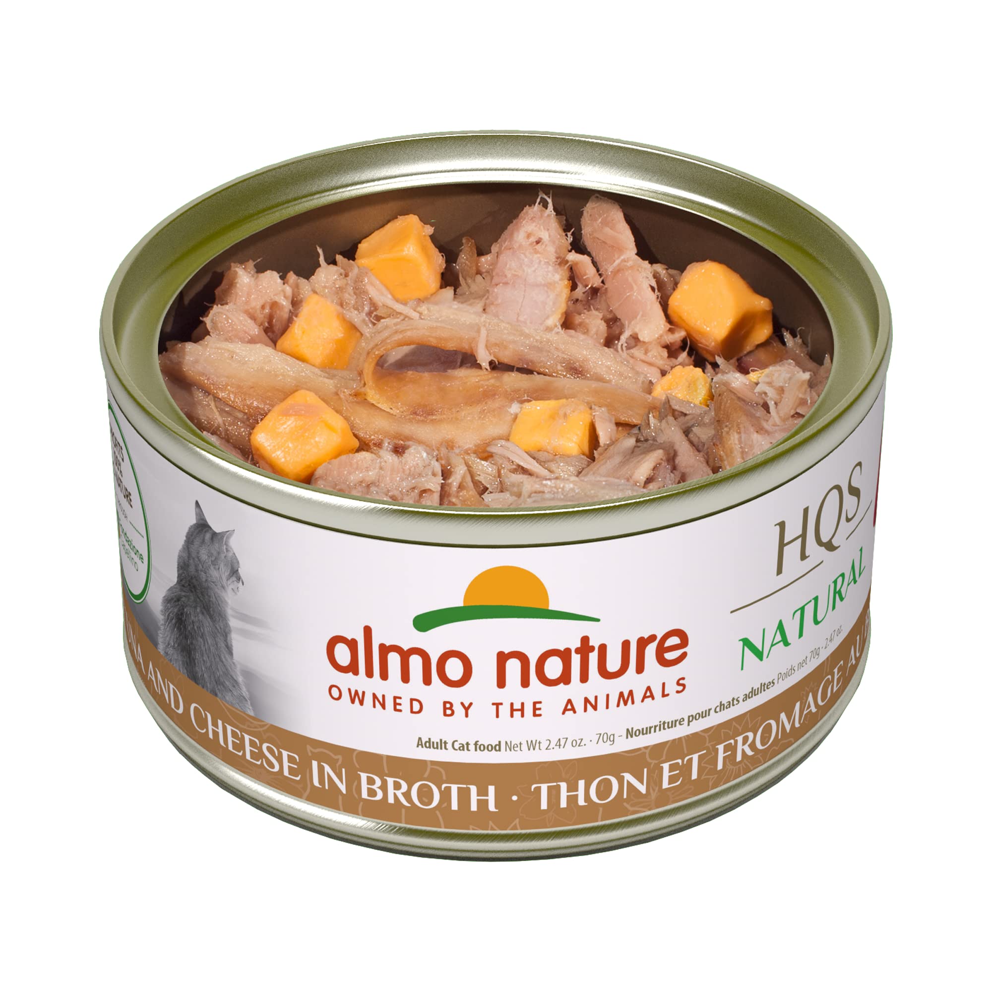 almo nature HQS Natural Tuna and Cheese in Broth, Grain Free, Additive Free, Adult Cat Canned Wet Food, Shredded, 24 x 70g/2.47