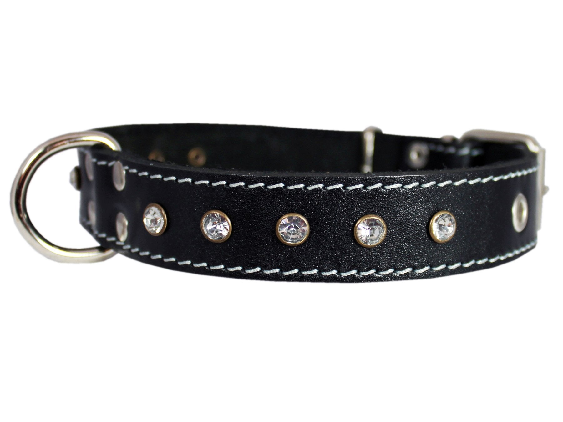 Genuine Black Leather Rhinestone Dog Collar 1'X20' Fits 14'-18' Neck