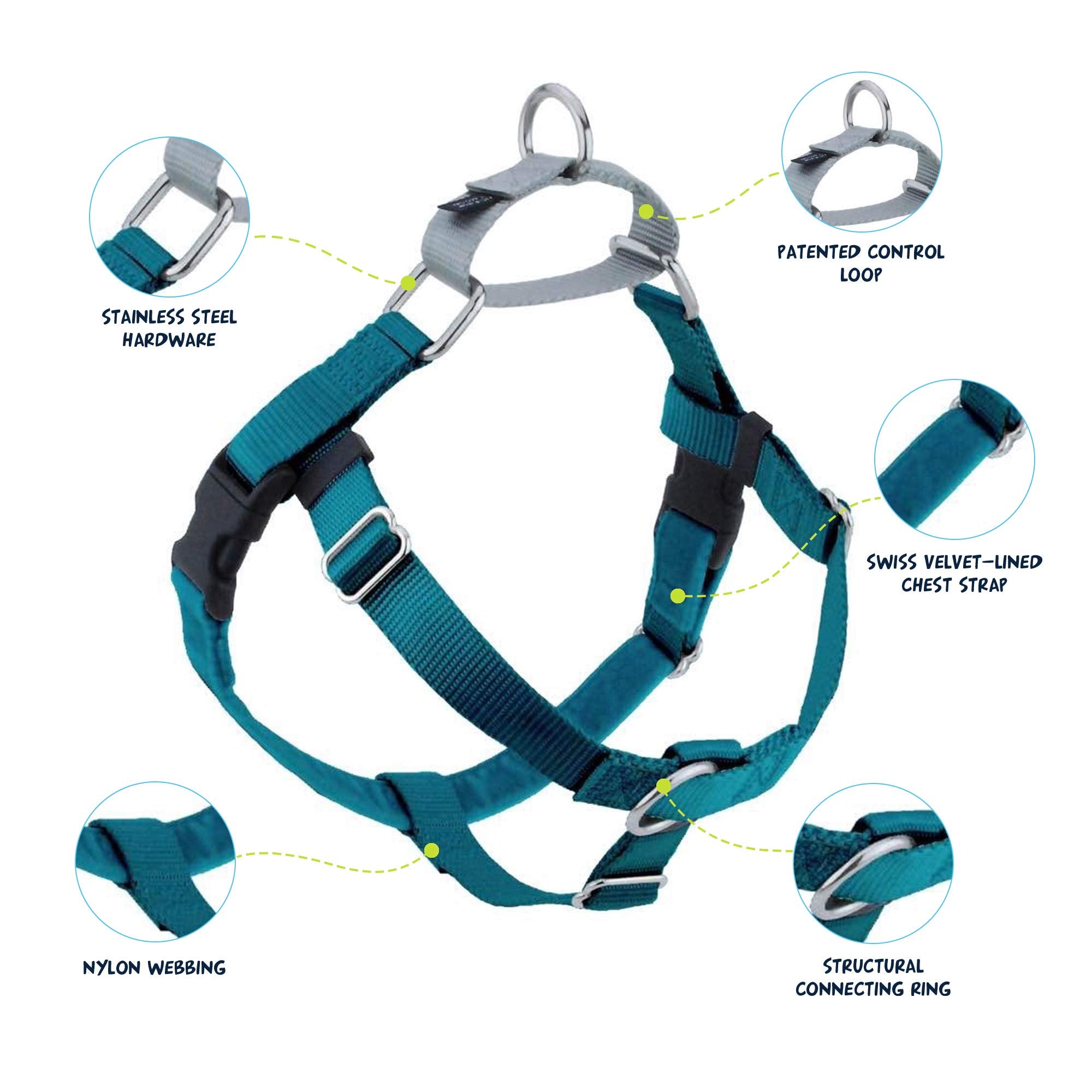 2 Hounds Design Freedom No Pull Dog Harness, Adjustable Harness And Leash Set, Easy Walking & Comfortable Control, Fits Small, Medium & Large Dogs, Solid Colors, Made In Usa, 5/8' Xs, Teal