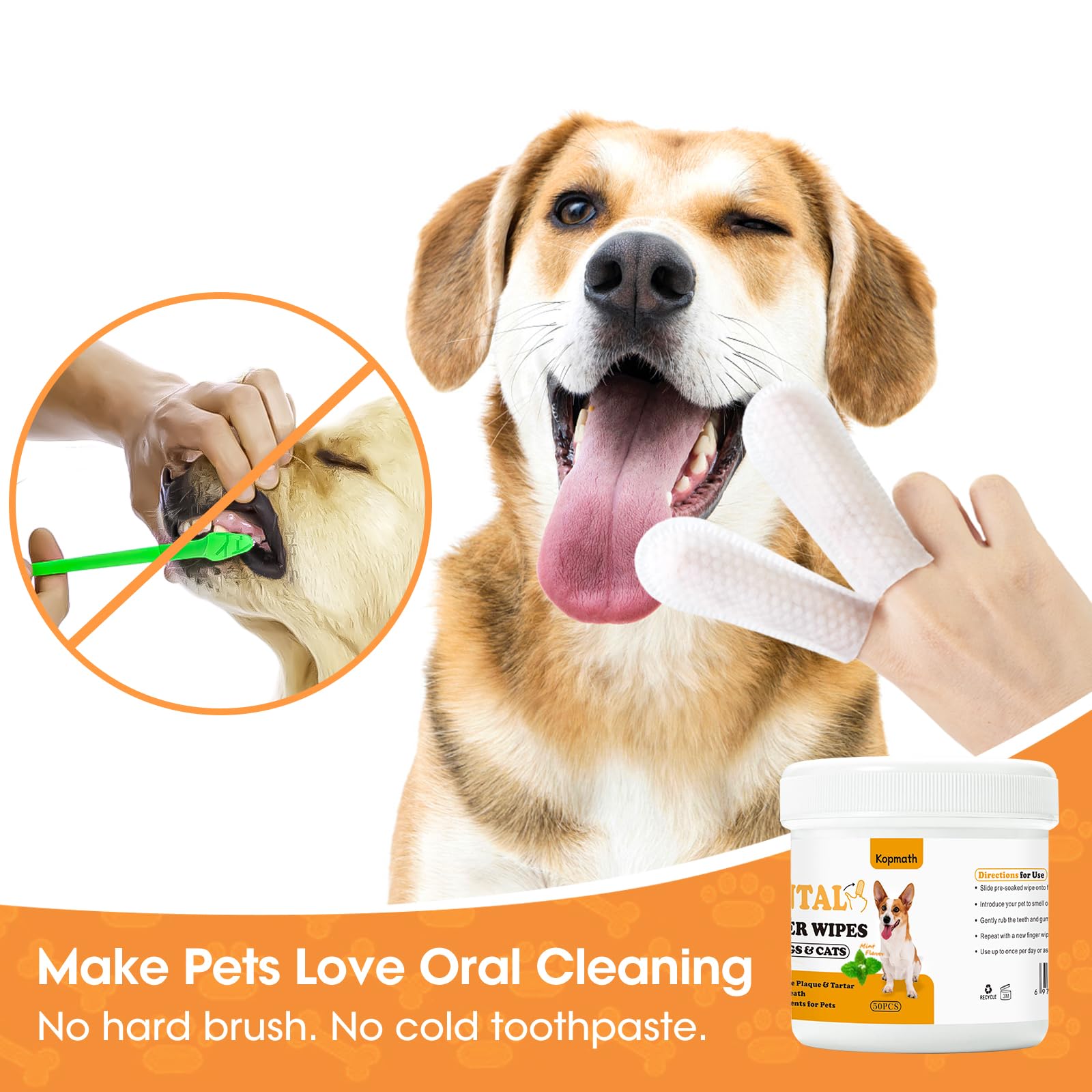 Kopmath Dental Care Finger Wipes For Dogs & Cats, Reduces Plaque & Tartar, Freshens Breath, Pre-Soaked Pet Teeth Wipes, Easy To