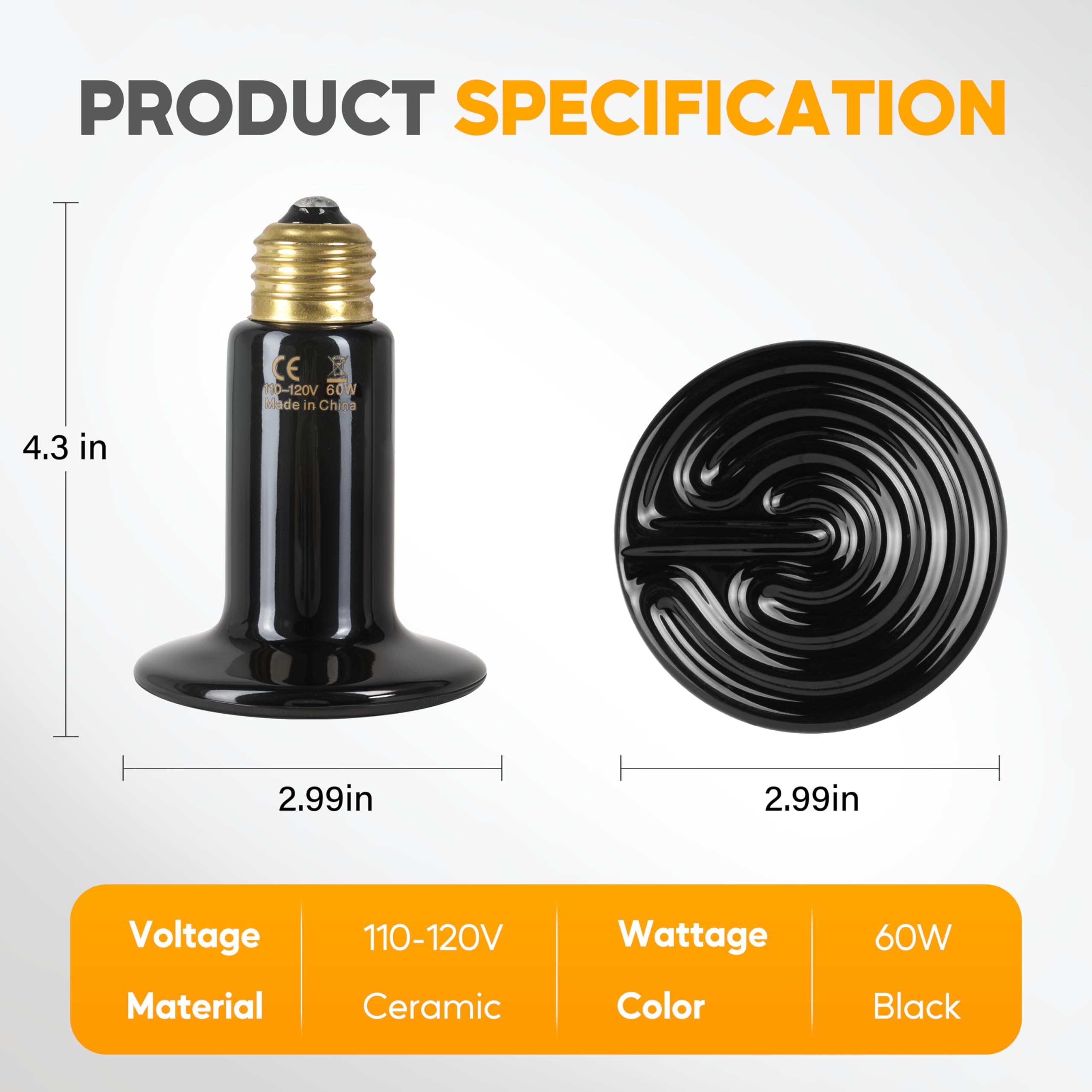 HealSmart 60W Reptile Heat Lamp Ceramic Heat Emitter, No Light Emitting Heat Bulbs, Suitable for Snake/Lizard/Spider, Plant Grow