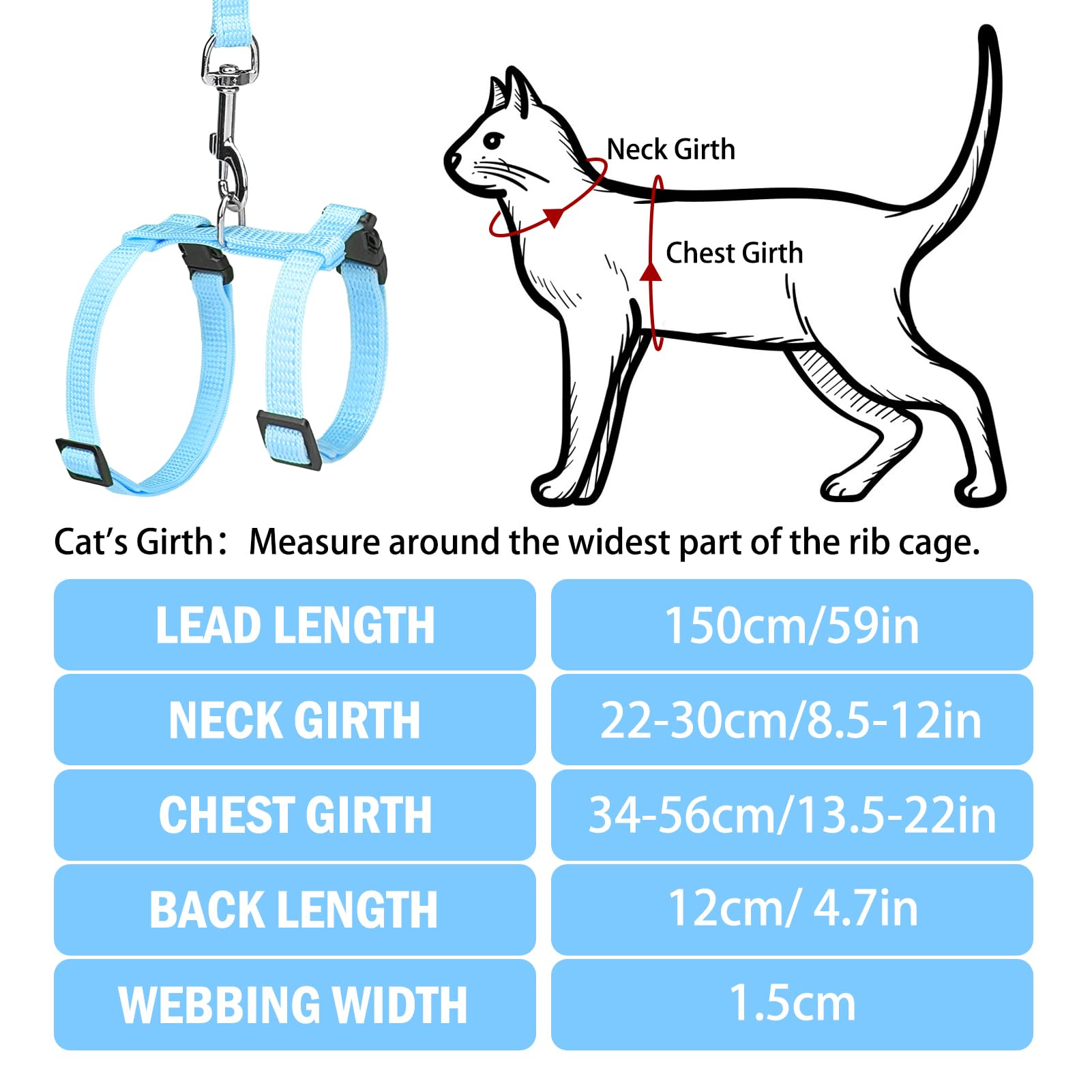 Pupteck Adjustable Cat Harness And Leash Set Escape Proof Kitten Strap Collar For Walking Travel, Sky Blue, M