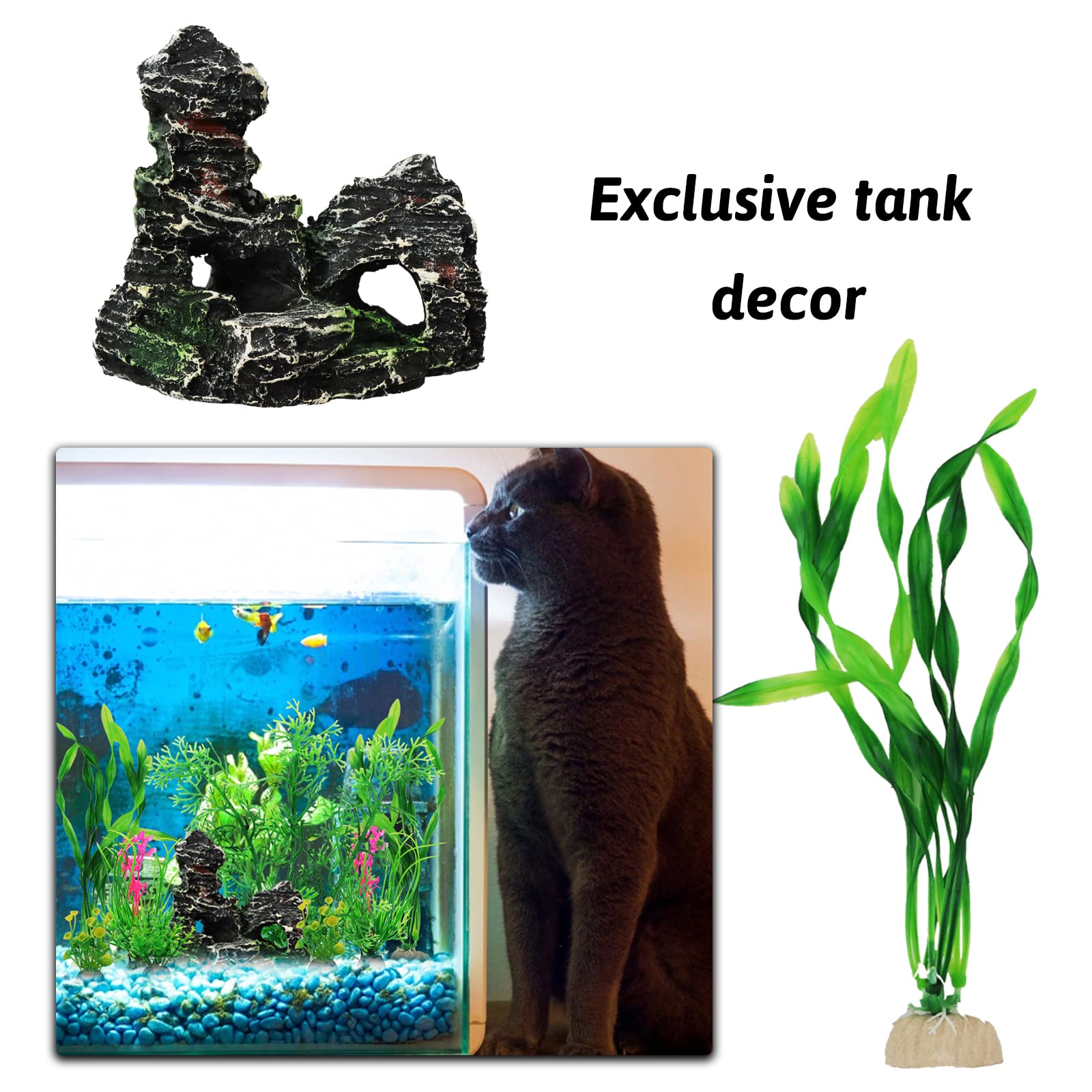 Fish Tank Accessories Aquarium Decorations Plants, 9Pcs Green Fish Tank Decorations Plants And Cave Rock Decoration Decor Set, Aquarium Decor Plastic Plants