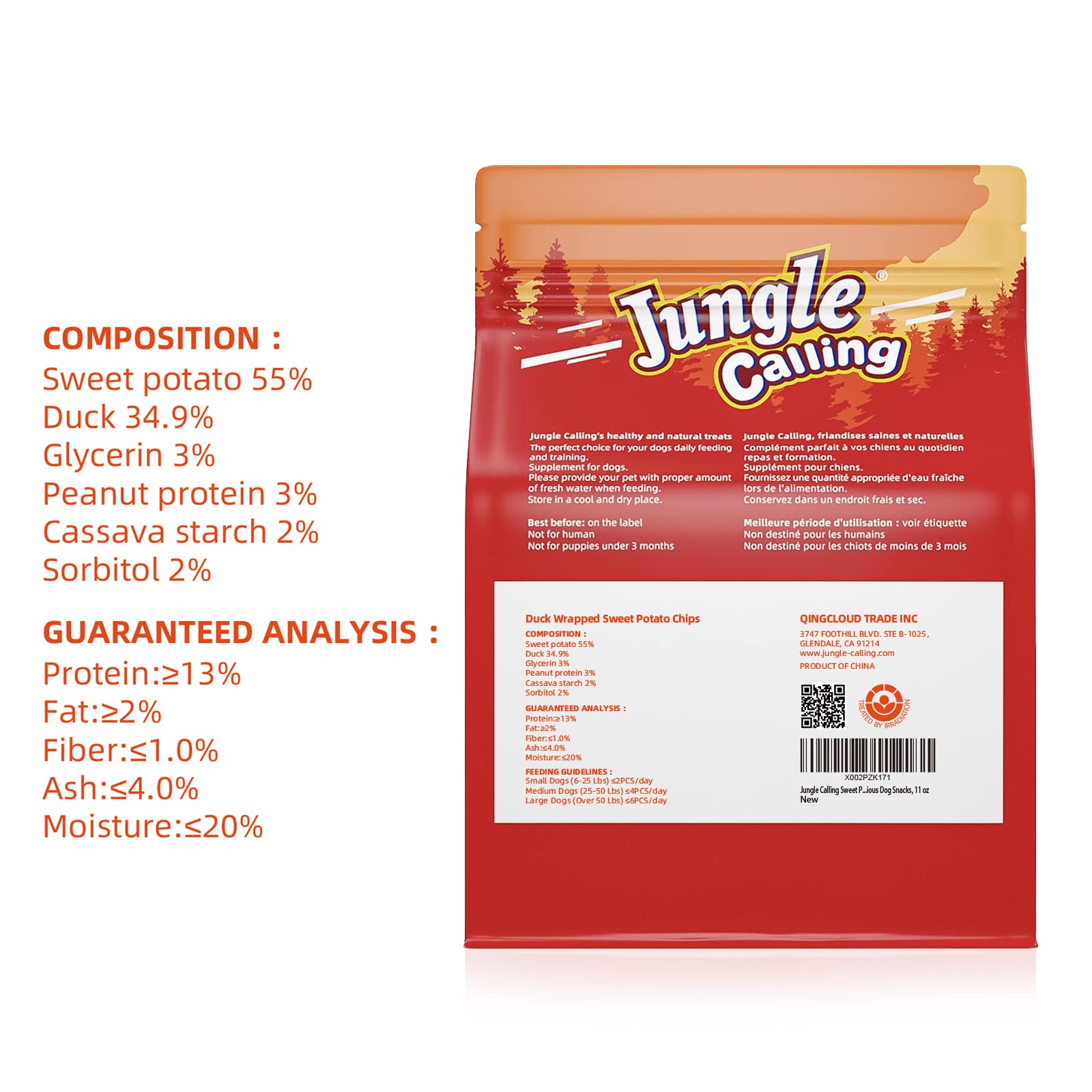 Jungle Calling Sweet Potato & Duck Dog Treats, Vegetarian, Nutritious and Delicious Snacks for Your Furry Friend, 10.6 oz