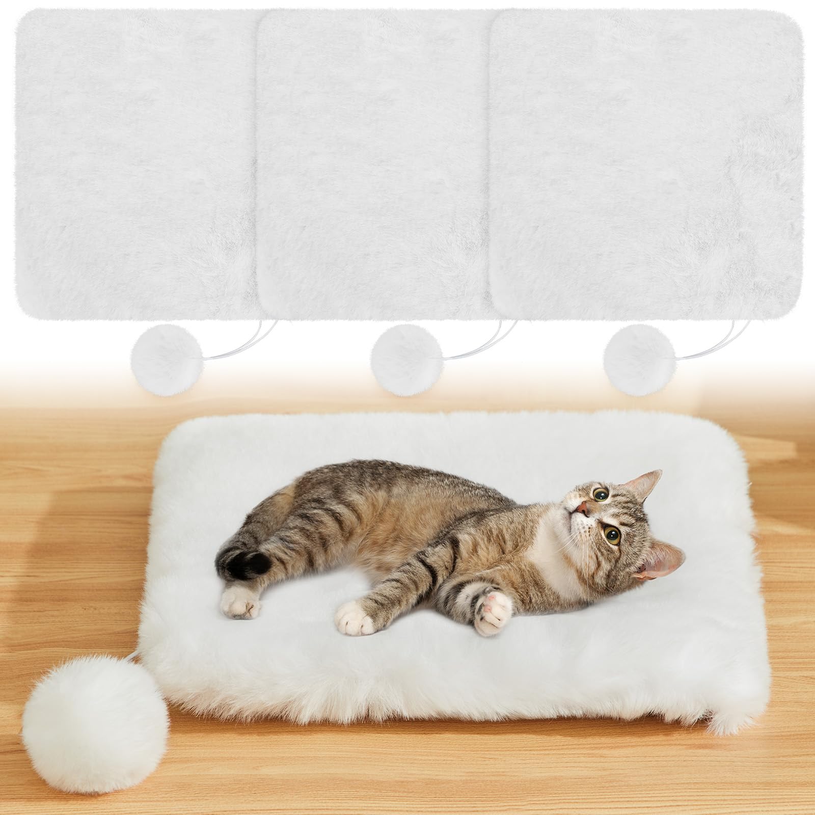 Abbylike 3 Pack 11.8 Square Cat Dog Bed Cushion Pad Mat Faux Rabbit Fur Pet Bed with Ball Anti Slip Soft Washable Cat Tree Tower