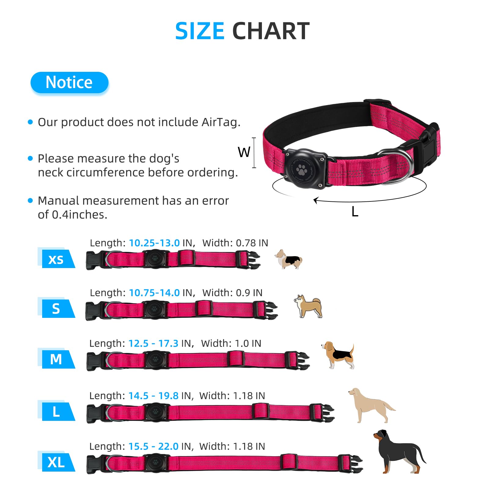 Upgraded Airtag Dog Collar, Ip68 Waterproof Air Tag Dog Collar Holder, Reflective, Ultra-Durable, Comfortable Padded, Heavy Duty Dog Collars For Small Medium Large Dogs (L (14.8'-20.3'), Hotpink)