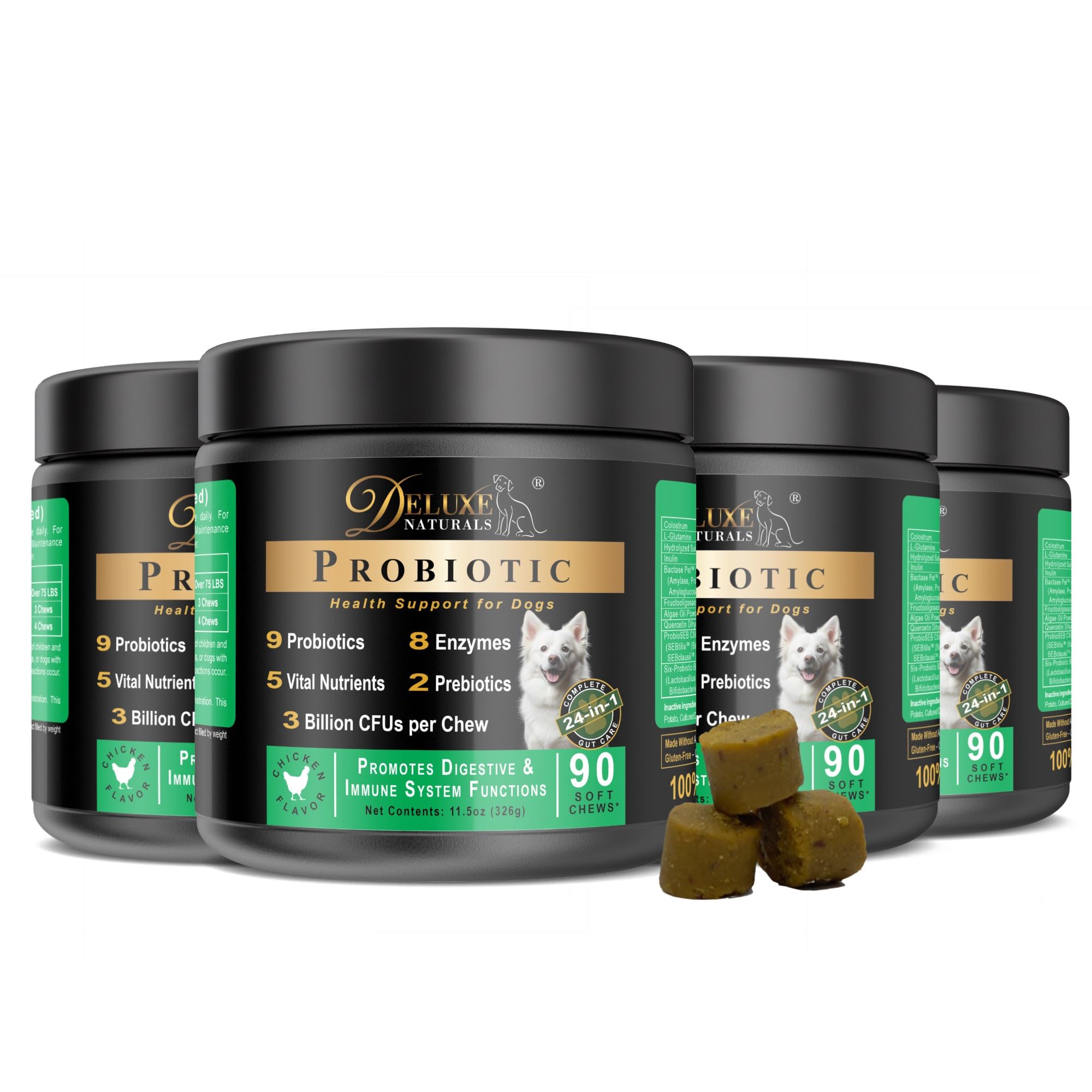 Deluxe Naturals Probiotic Soft Chews for Dogs - 360 Count (4 x 90ct) - Digestive & Immune Support with 9 Probiotics, 8 Enzymes, 