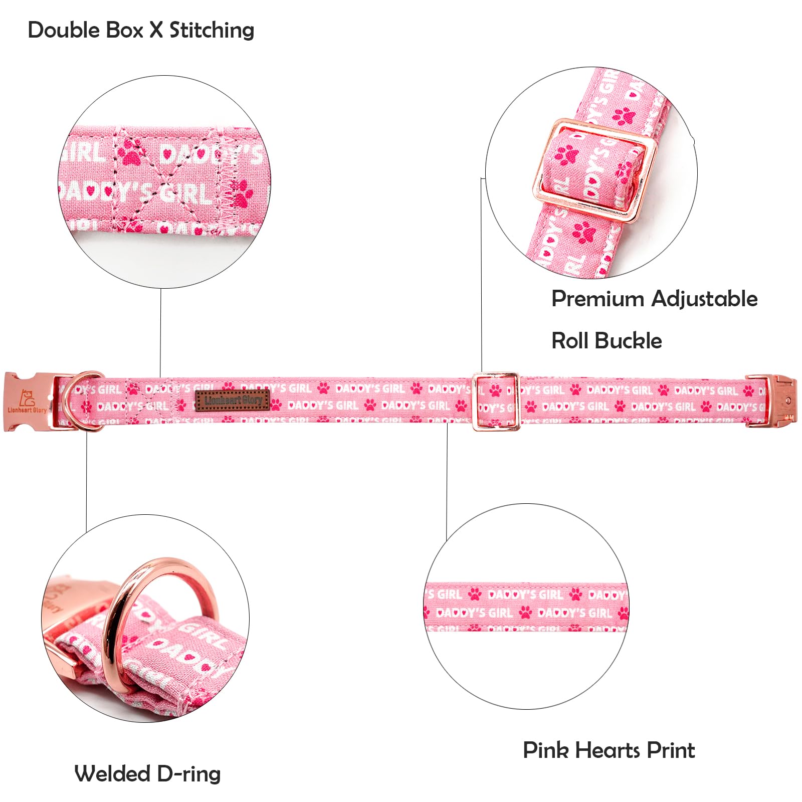 Lionheart Glory Valentine Collar, Pink Hearts Dog Collars For X-Small Cute Dog Collars Spring Female Pet Gift Adjustable Heavy-D