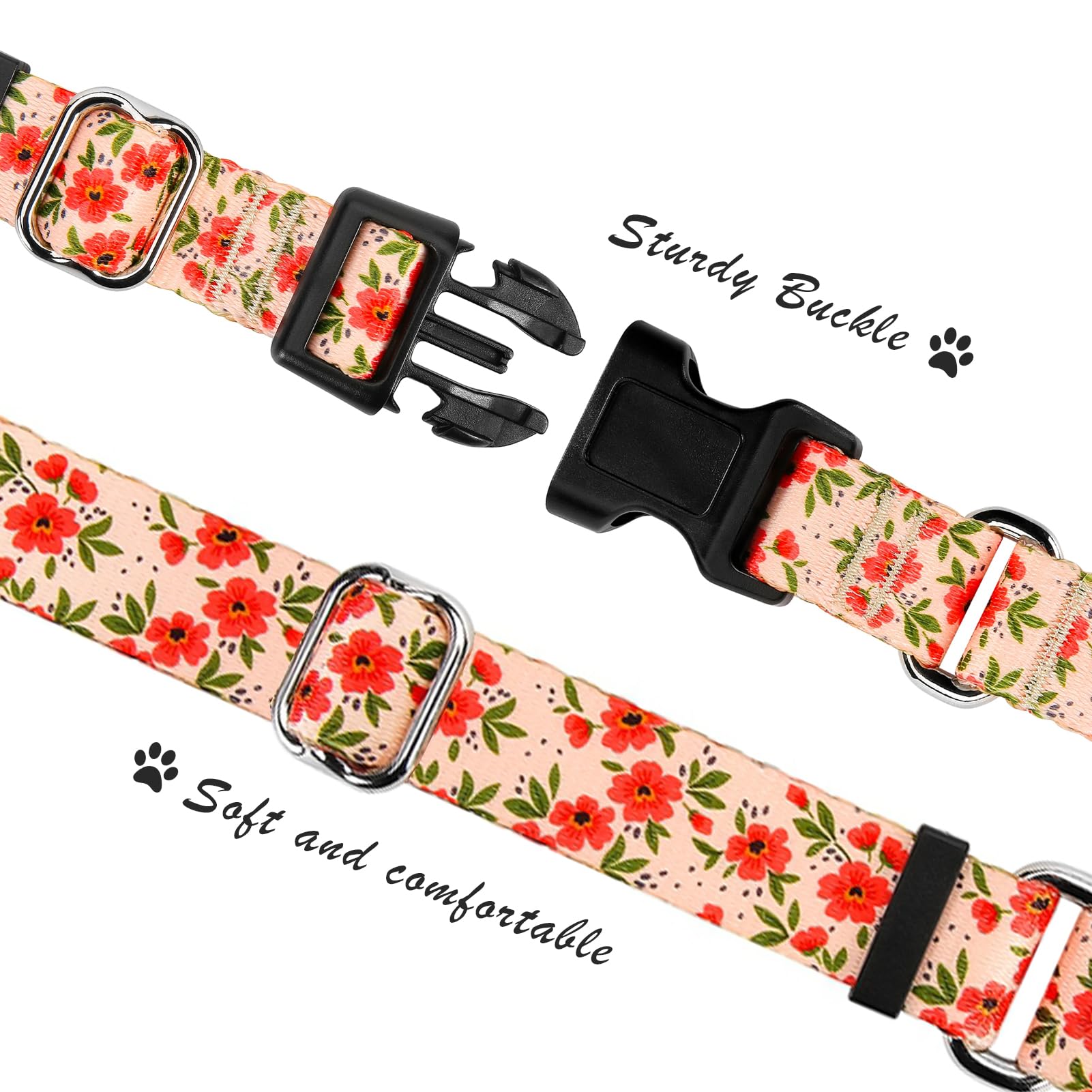 Hikiko Floral Dog Collar For Small Medium Large Dogs, Adjustable Nylon Flower Martingale Collars With Quick Release Buckle (Crea
