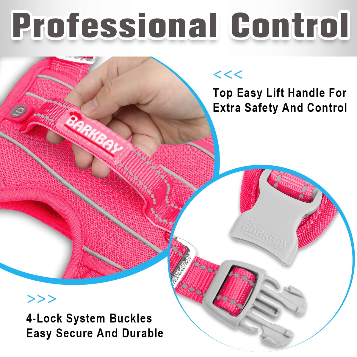 Barkbay No Pull Dog Harness Front Clip Heavy Duty Reflective Easy Control Handle For Large Dog Walking With Id Tag Pocket(Pink,L