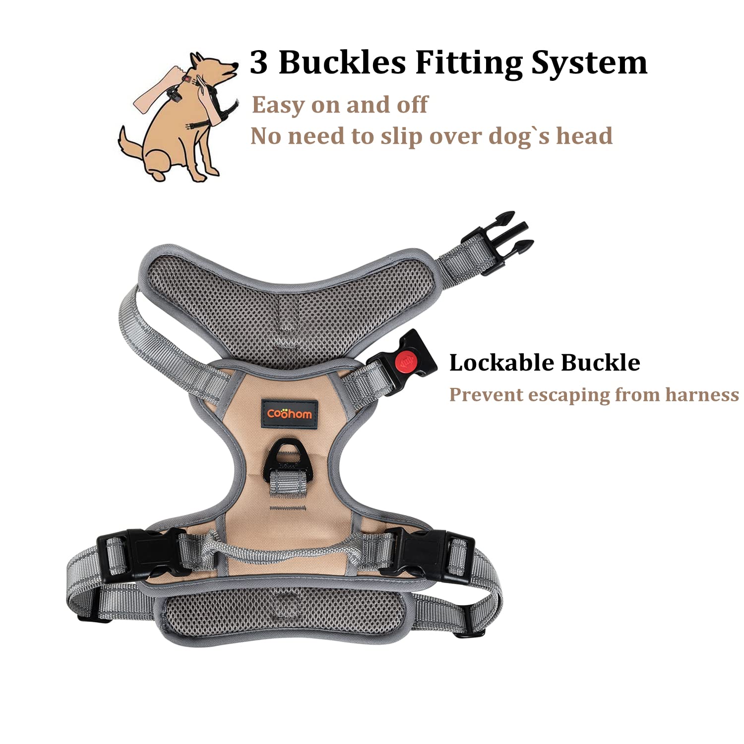 Coohom No Pull Dog Harness With Handle And Two Leash Attachments,Adjustable Outdoor Pet Harness With Reflective Oxford Material For Small Medium Large Dogs (M, Khaki 2022)