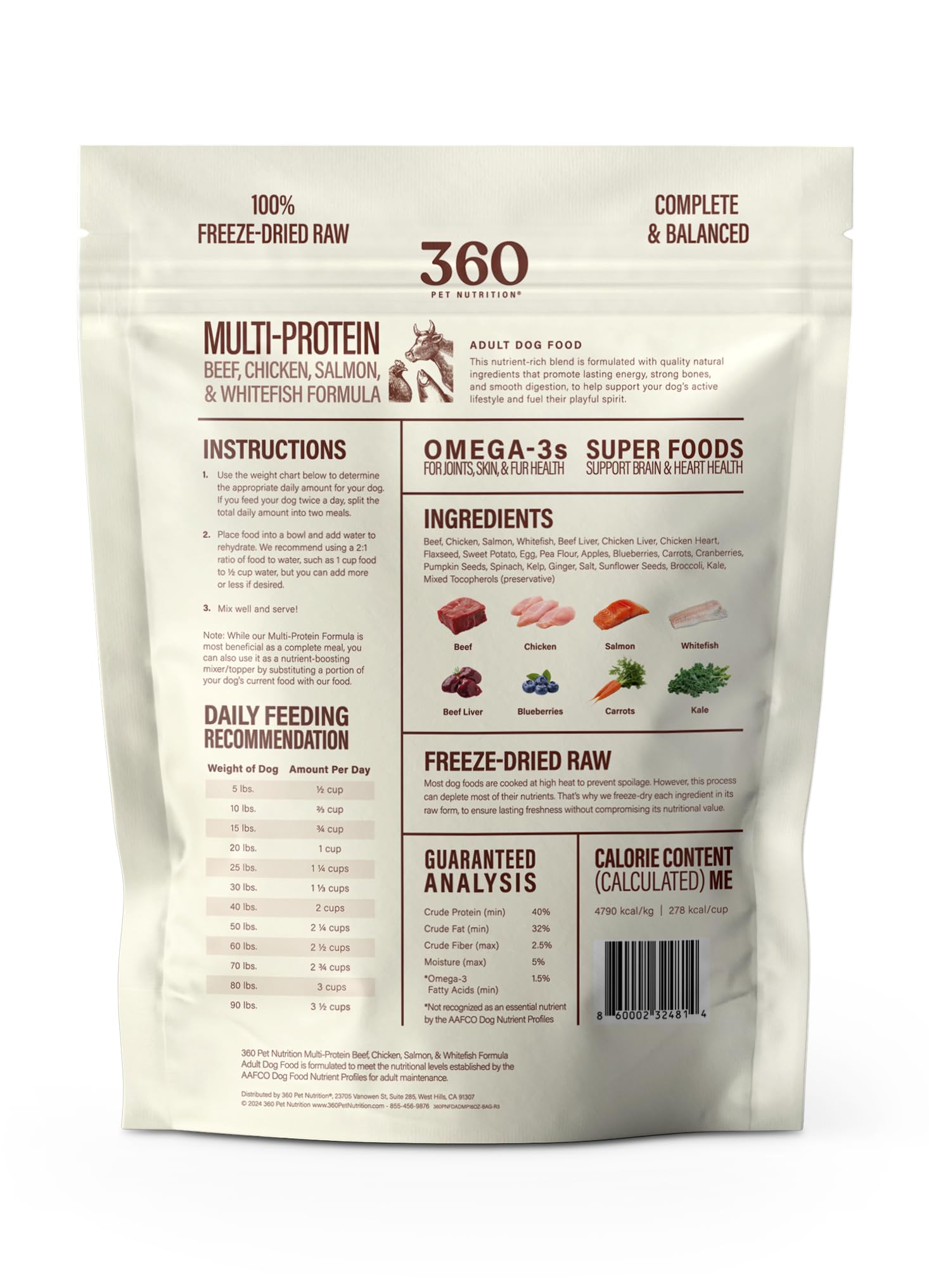 360 Pet Nutrition Freeze-Dried Raw Dog Food, High-Protein Complete Meal w/Beef, Chicken, Fish, Organs, Superfoods, No Fillers, 1