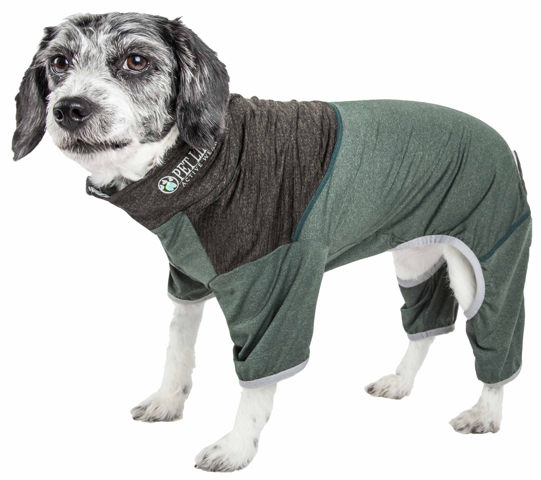 Pet Life ® Active 'Embarker' Heathered Performance 4-Way Stretch Two-Toned Full Body Warm Up, Small, Green