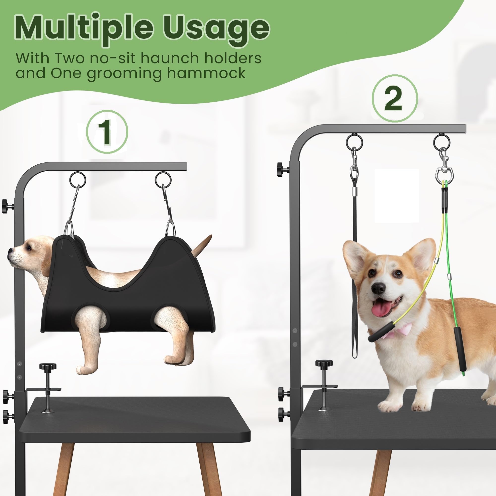 Adjustable Dog Grooming Arm with Clamps: 42 '' Height-Adjustable Pet Grooming Stand with Hammock and No-Sit Haunch Holders, Idea