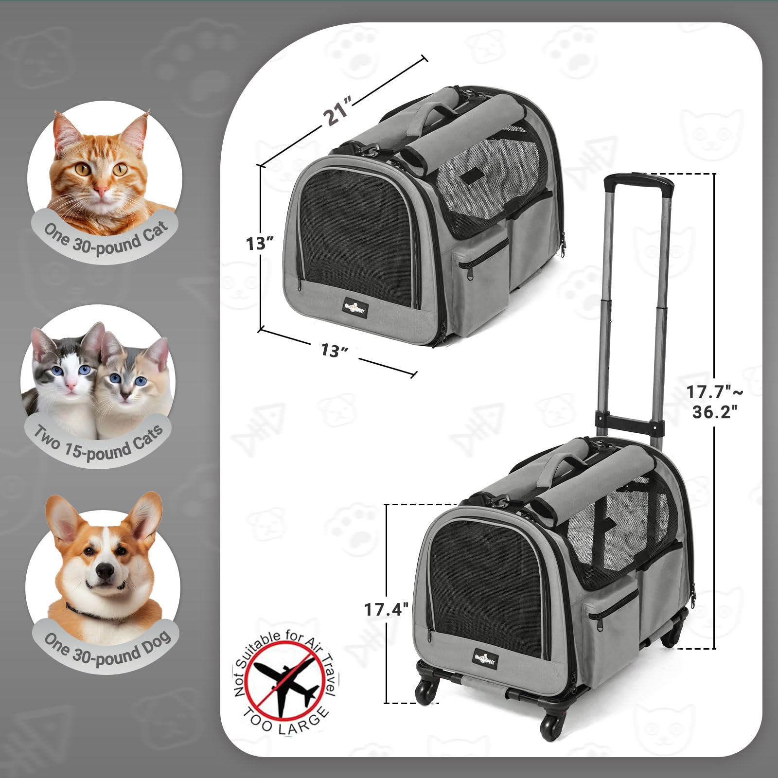 Paw Ballet Large Cat Carrier With Wheels, Foldable Rolling Pet Dog Carrier With Wheels And Big Pocket, Cat Carrier Travel Bag Fo