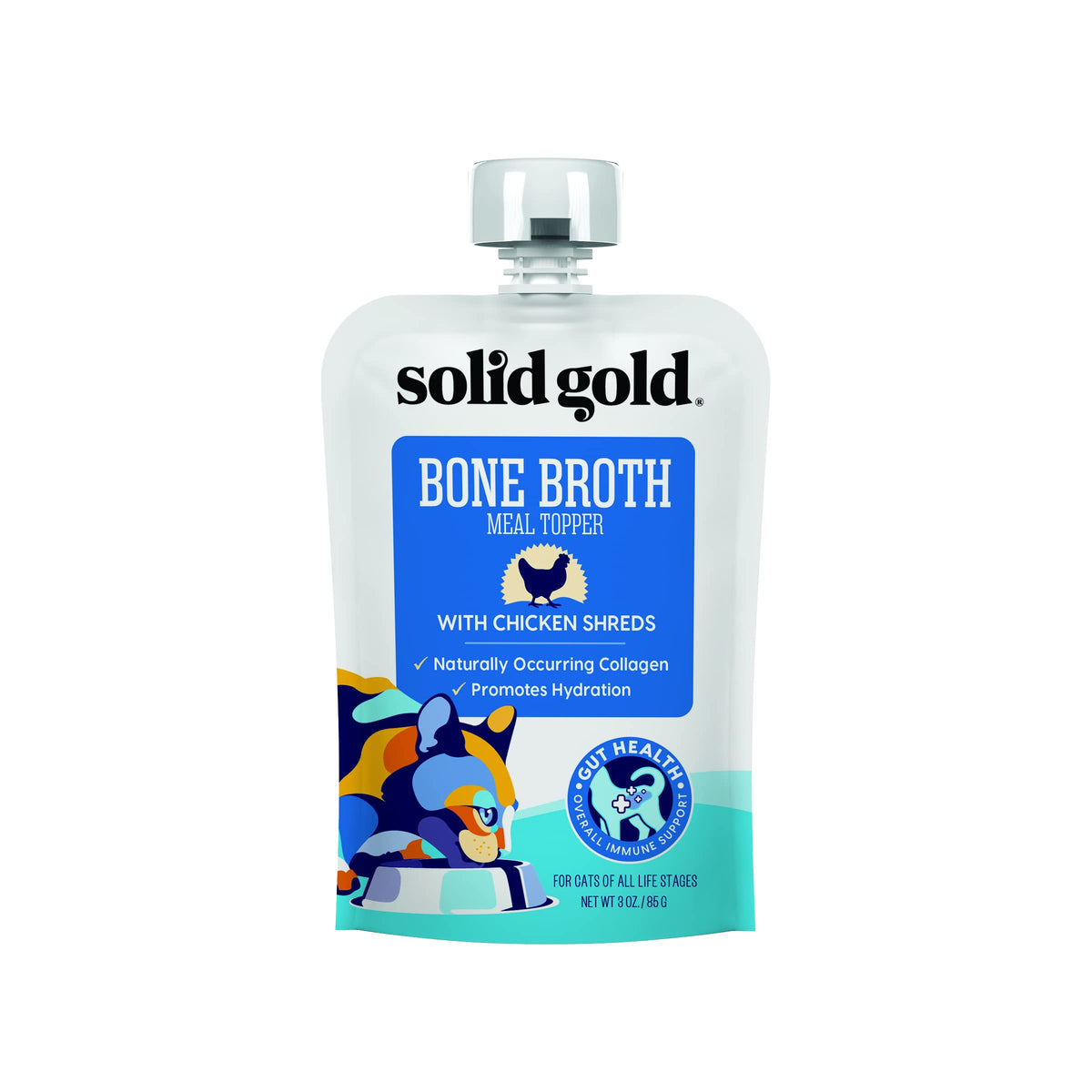 Solid Gold Bone Broth Cat Food Topper - Lickable Wet Food With Protein Shreds For Hydration - Easy To Serve Gravy Bone Broth For Cats - Chicken - 12 Pack