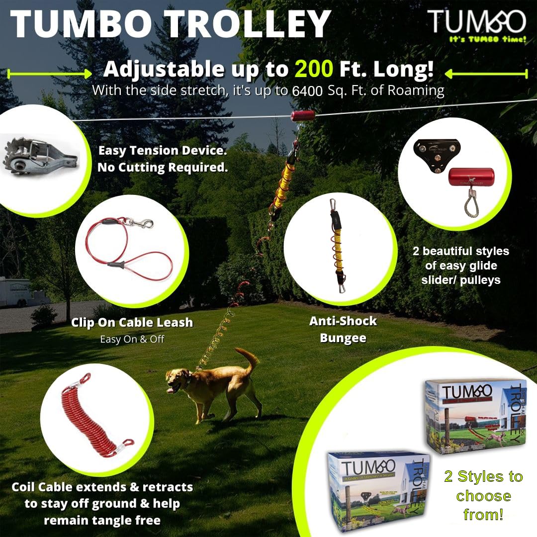 Tumbo Trolley 100ft - Heavy Duty Anti-Shock Aerial Dog Runner for Small & Large Dogs - Red, PVC Material, Model 851963007052