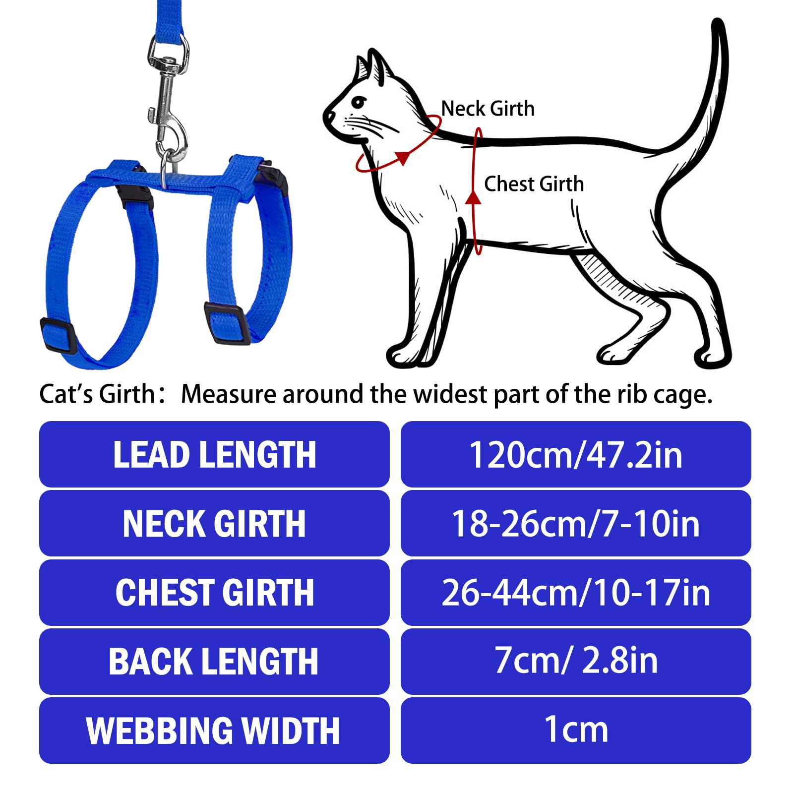 Pupteck Adjustable Cat Harness And Leash Set Escape Proof Kitten Strap Collar For Walking Travel, Blue