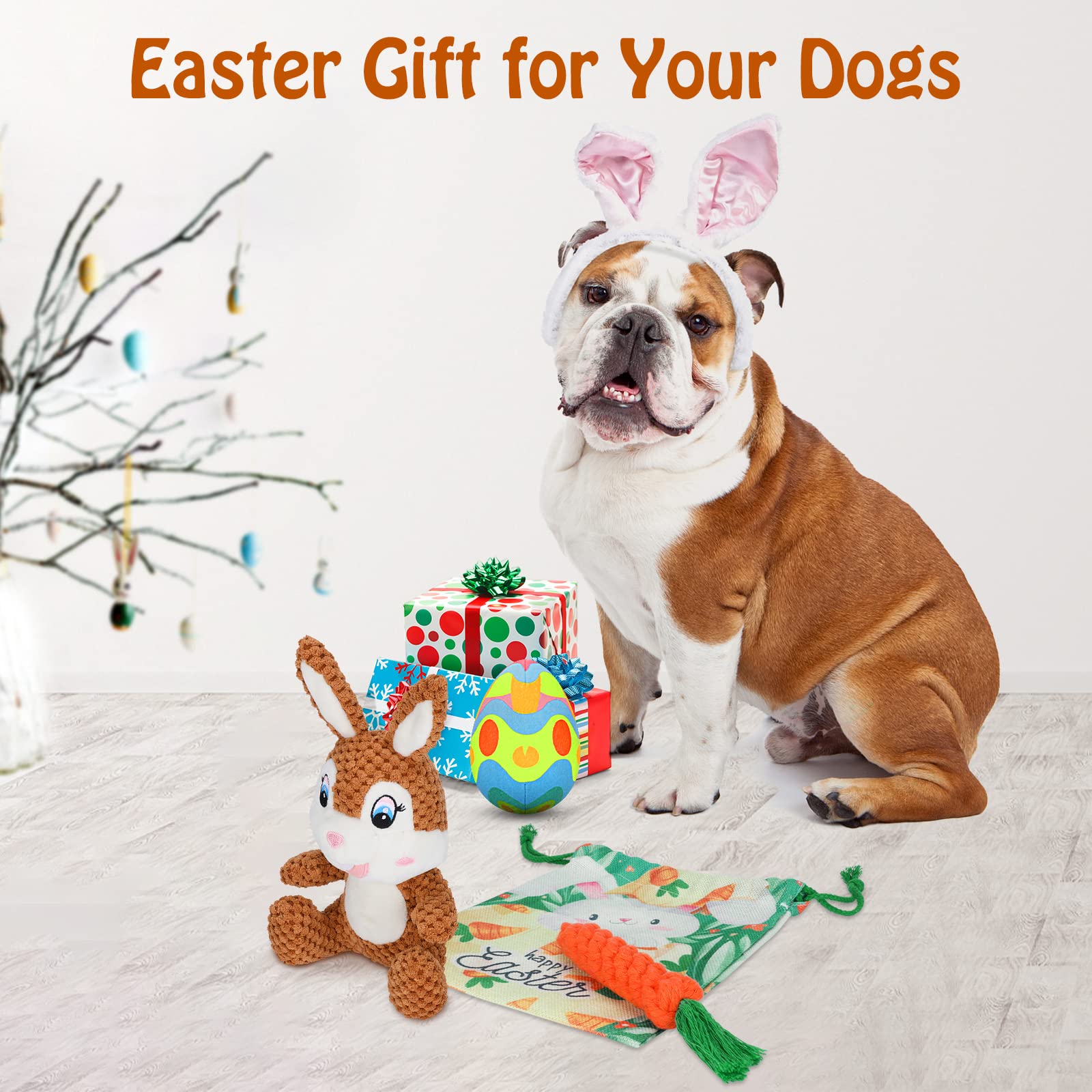 Bwogue 4Pcs Easter Dog Toy Kit, Plush Easter Bunny Egg Dog Toy With Squeaker And Crinkle Paper, Stuffed Animal Chew Toys Carrot